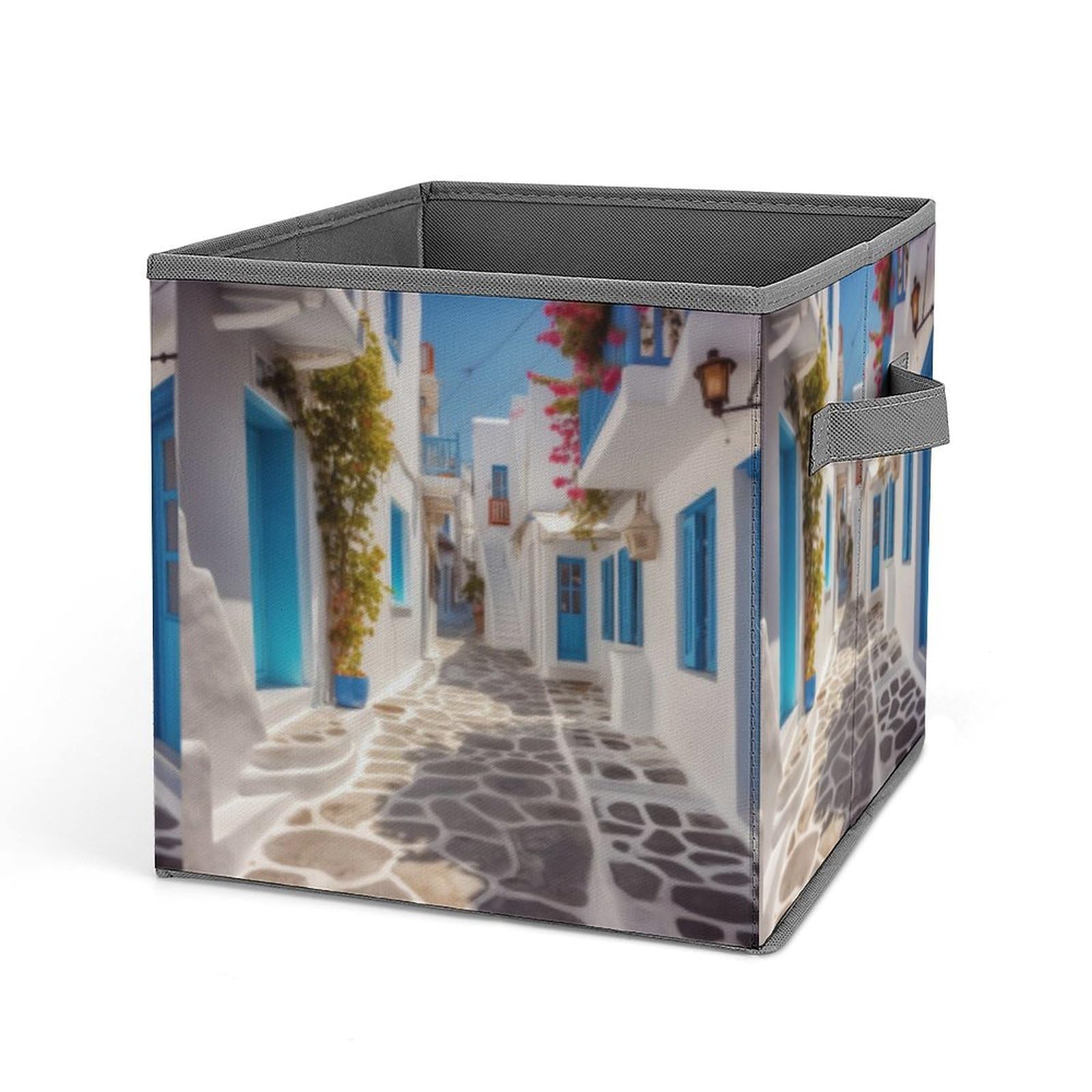 JTREHY Greece Street Printed Foldable Storage Box, 10.6 Inches Fabric Storage Box for Wardrobe, Bedroom, Utility Room