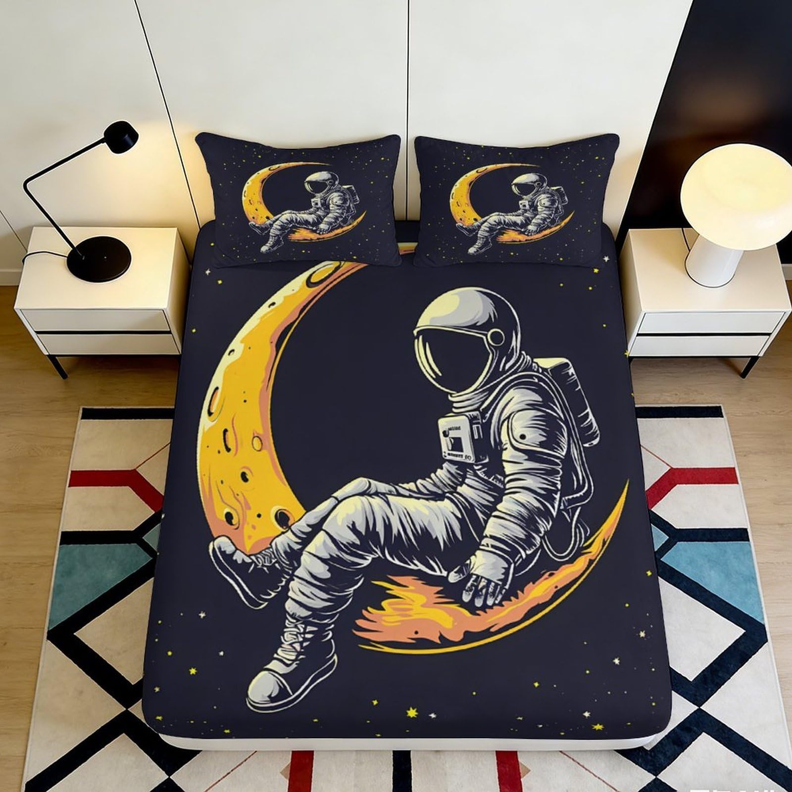 3D Printed Astronaut Moon Design Fitted Sheet Microfiber Deep Pocket Bedroom Bedding Set Moon Mattress Fitted Cover Washable for All Ages 90x200x25cm