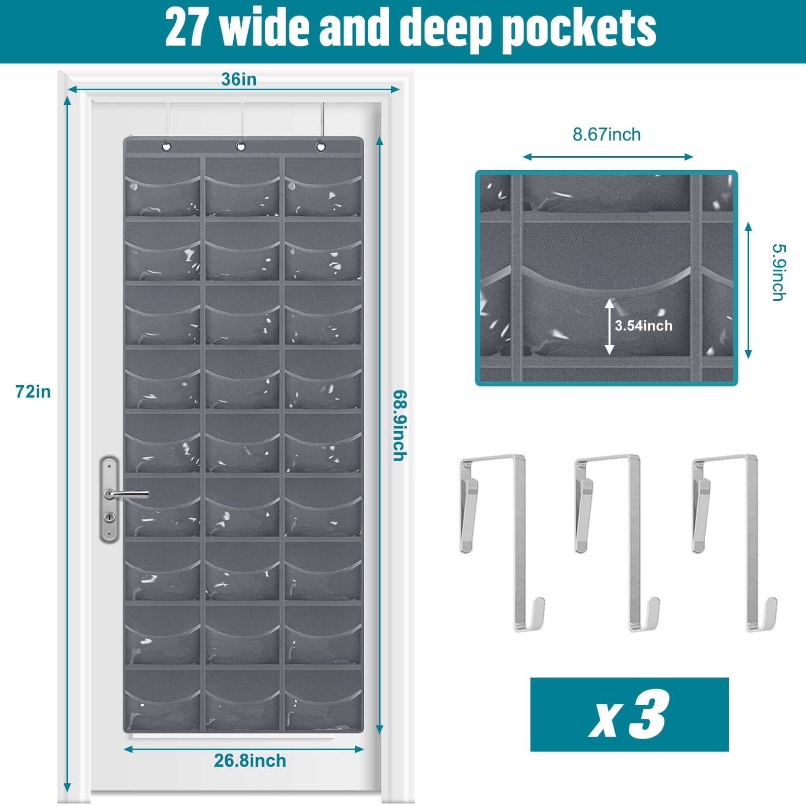 Fixwal Hat Organizer Racks for Baseball Caps, 27 Pocket Pocket Over the Door Hat Organizer with 3 Hooks, Hat Storage to Protect and Display, Gray