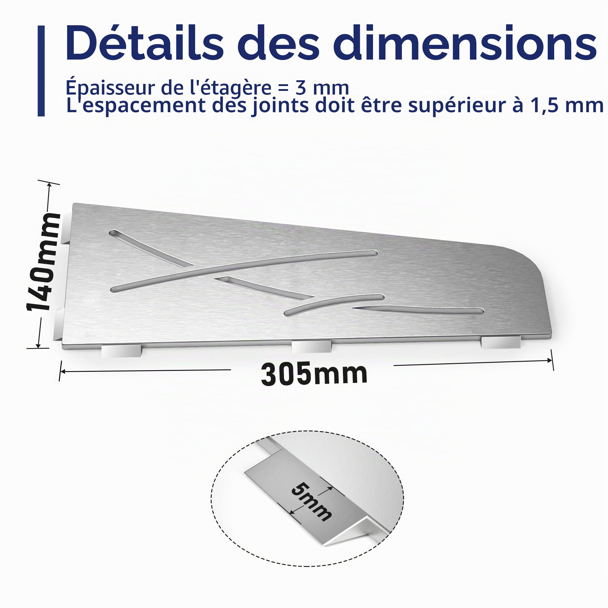 Étagère d'angle de douche de 3 mm d'épaisseur - Sans perçage - En acier inoxydable SUS304 - Organiseur de salle de bain - 305 mm - Support pour shampoing de douche - 1 pièce - Brossée