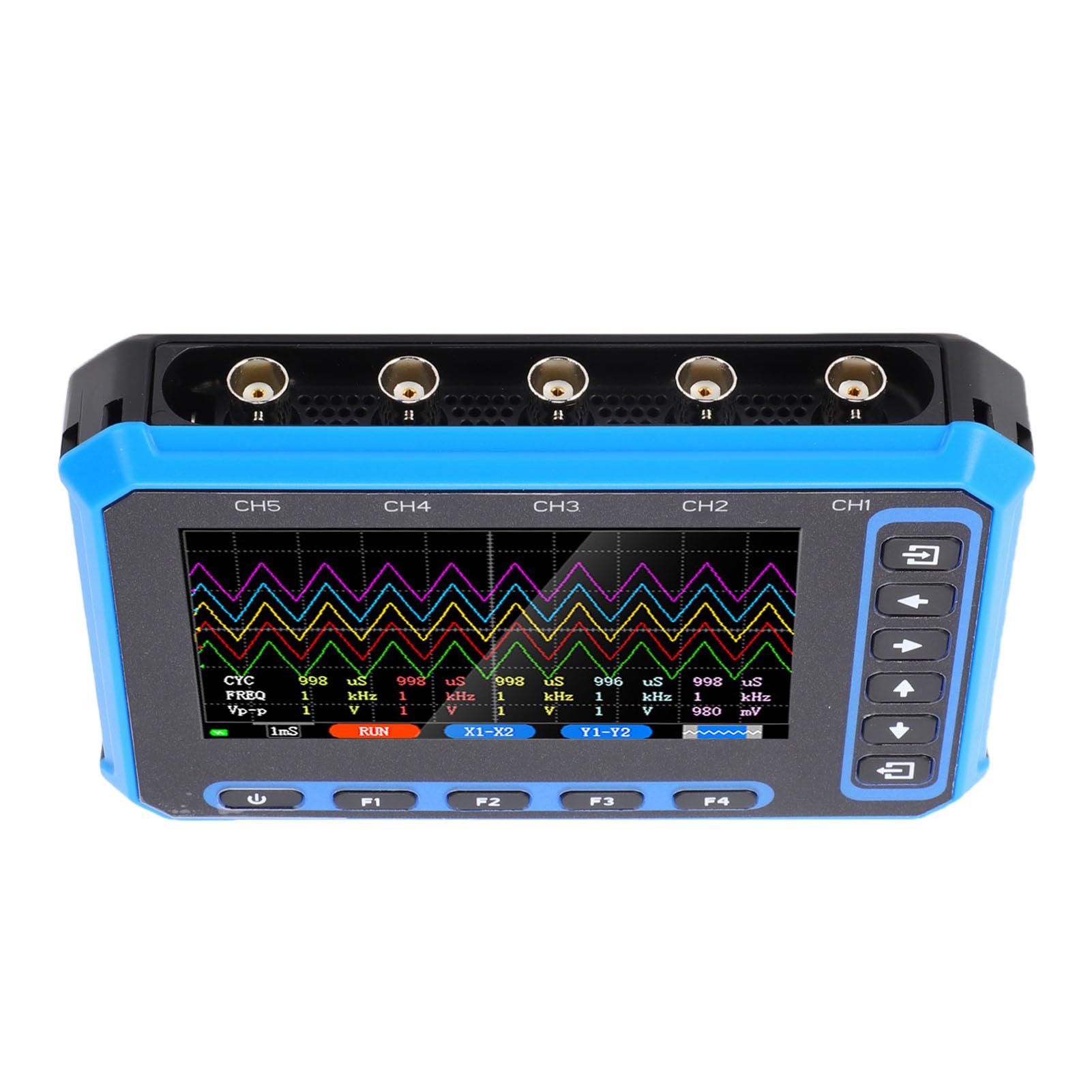 Osciloscopio de 5 Canales, Osciloscopio Digital Portátil con 5 Sondas 10X, Ancho de Banda de 1 MHz, Frecuencia de Muestreo de 3 MHz, Pantalla de 4,3 Pulgadas, para Software de PC y