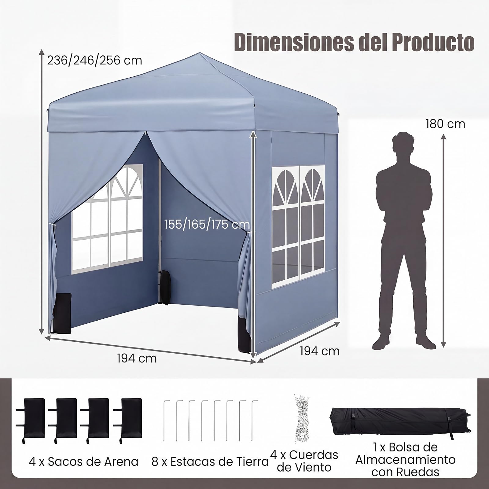 GOPLUS Carpa Plegable de Jardin con 4 Paredes Laterales, 1,94x1,94 M, Cenador Pop-up con Aultra Ajustable, Bolsa de Transporte, 4 Sacros de Arena,para Eventos, Terraza, Exterior (194x194 cm,Gris)