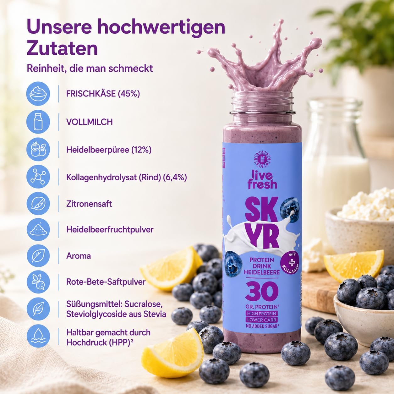 LiveFresh Skyr Drink Probierpaket 30g Protein Kollagen Kalorienarm Ohne Zuckerzusatz 24x250ml