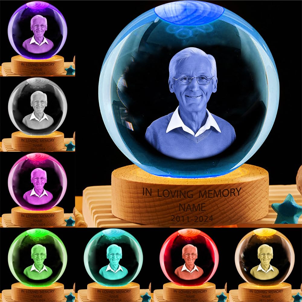 MYZQIFF Personalized Photo Memorial Crystal Globe Lamp, Custom Picture 3D Memory Crystal Ball Night Light Keepsake,Remembrance Sympathy Gift for Loss of Loved Ones