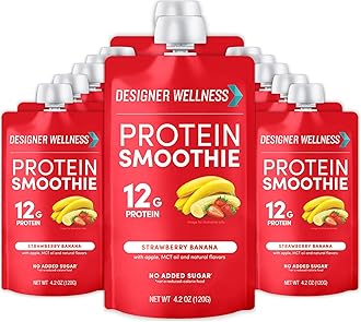 Designer Wellness Protein Smoothie, Real Fruit, 12g Protein, Low Carb, Zero Added Sugar, Gluten-Free, Non-GMO, No Artificial Colors or Flavors, Strawberry Banana, 12 Count