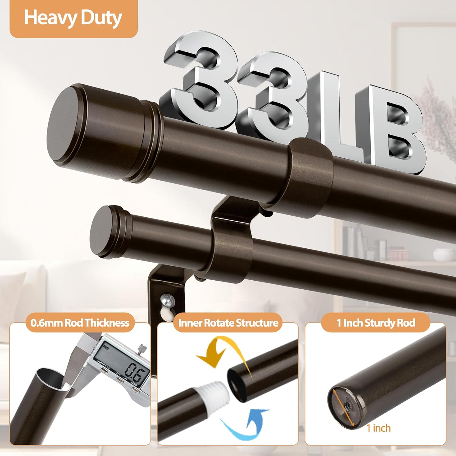 Double Curtain Rod 36 to 72 Inch, HOTOZON 1 Inch Heavy Duty Double Curtain Rods for Windows 24 to 68 Inches(2-5.6 ft), Telescoping Drapery Rod with Simple End Finials, Bronze