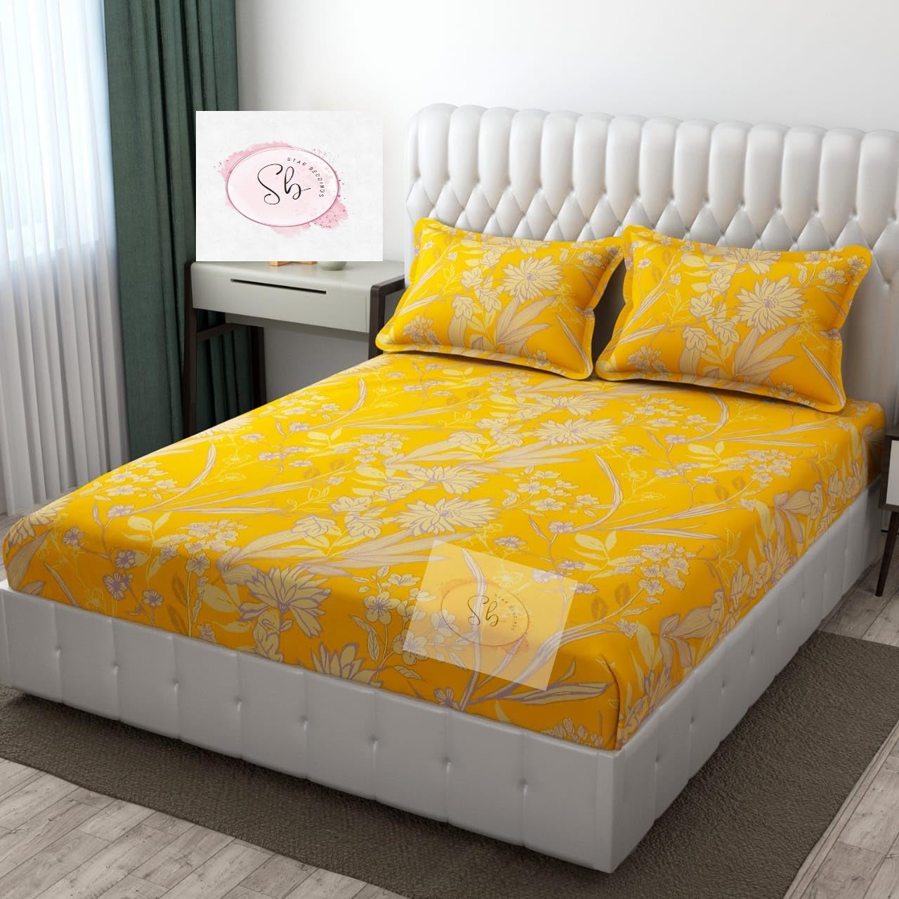 Elastic Fitted Super Queen Size Summer Love Double Bed Sheet by Star beddings Set 72"x78" fits up to 8 inches Mattress with 2 Pillow Covers (Sunshine Yellow)