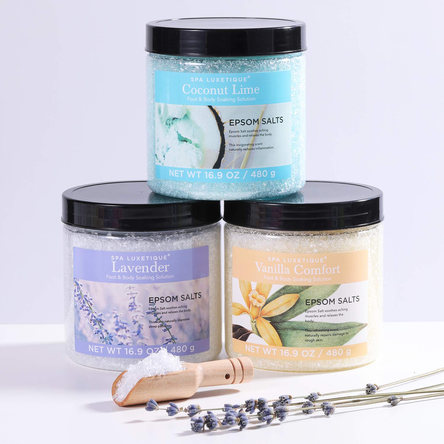 Spa Luxetique Sel d’Epsom, Coffret Sel de Bain, 3*480g avec l'Huile Essentielle, Lavande, Vanille,Noix de Coco Citron Vert,Pour un Bain de Pieds,Idéede Noël et d’Anniversaireet,Cadeau Fete des Meres