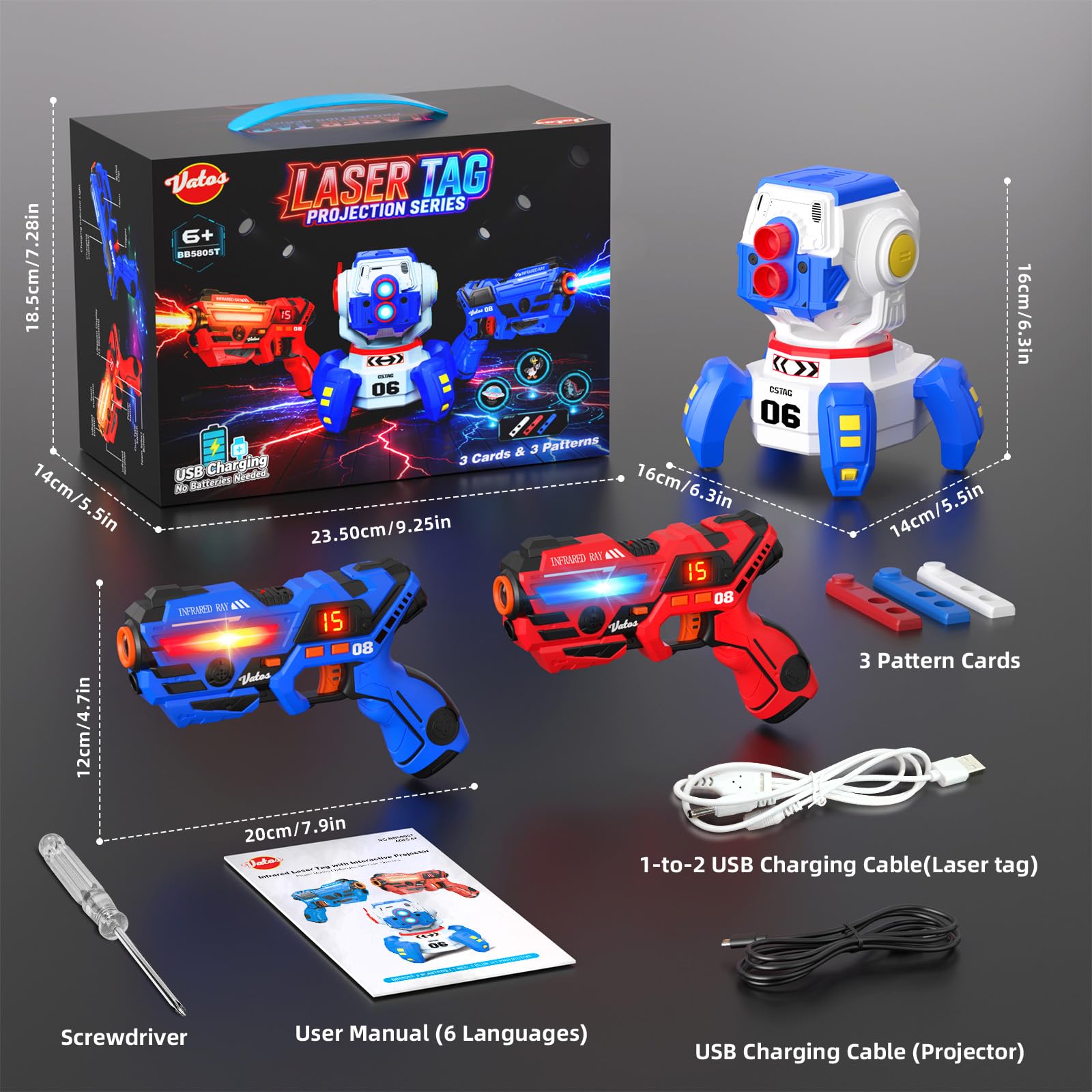 VATOS Wiederaufladbares Laser Tag Set, 2 Infrarot Laser Tag Pistolen, Interaktive Projektion mit LED-Punktestandanzeige und 3 Zielkarten, Unterhaltsames Lasertag Spielzeug für Kinder und Erwachsene