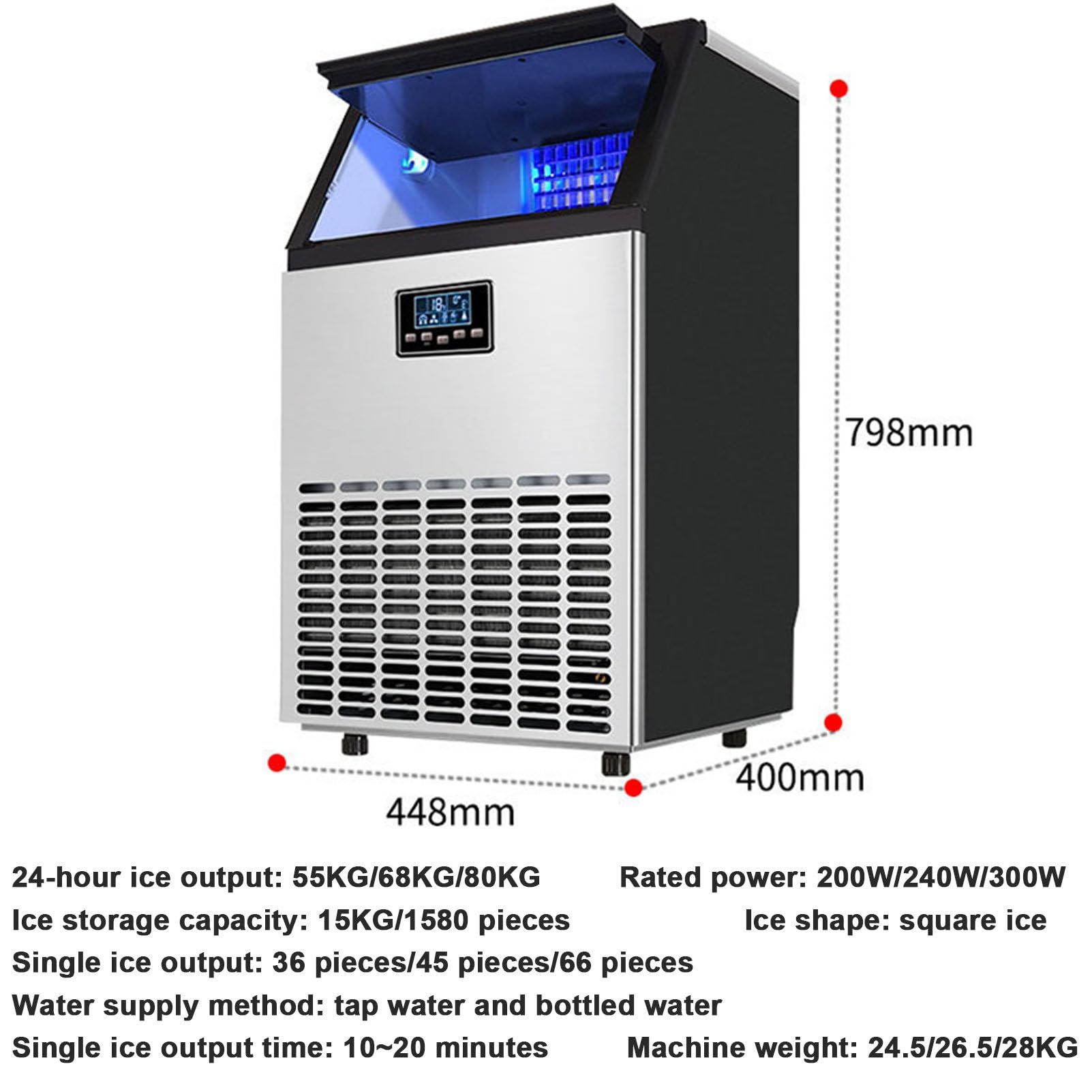 Máquina de hielo comercial, máquina para fabricar hielo industrial, máquina de cubitos de hielo de acero inoxidable independiente con capacidad de almacenamiento de hielo de 15 kg, para bares,55KG/24H
