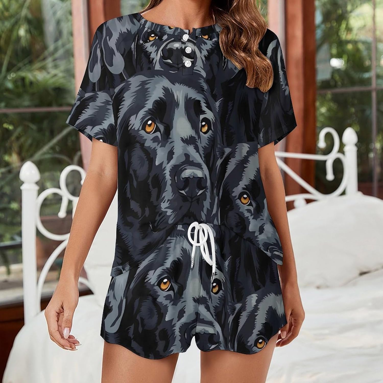 Black Labrador Lab Dog Women's Casual Pajama Set 2 Piece Short Sleeve Top And Shorts Funny Loungewear Sleepwear