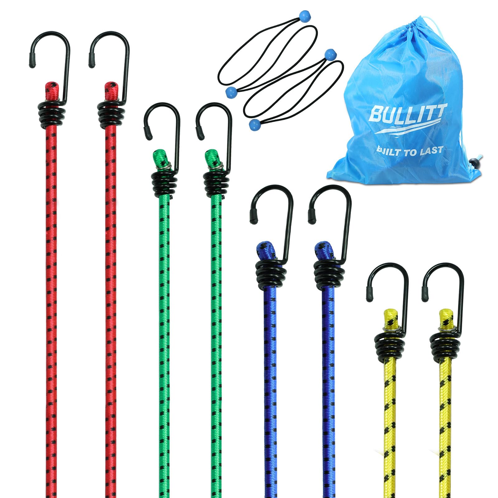 BULLITT 12PCS Bungee Cords with Hooks(2 * 16"+2 * 24"+2 * 32"+2 * 40"+4*Tarpaulin Bungees Balls) Multi-Purpose Weatherproof & UV-Resistant Elastic