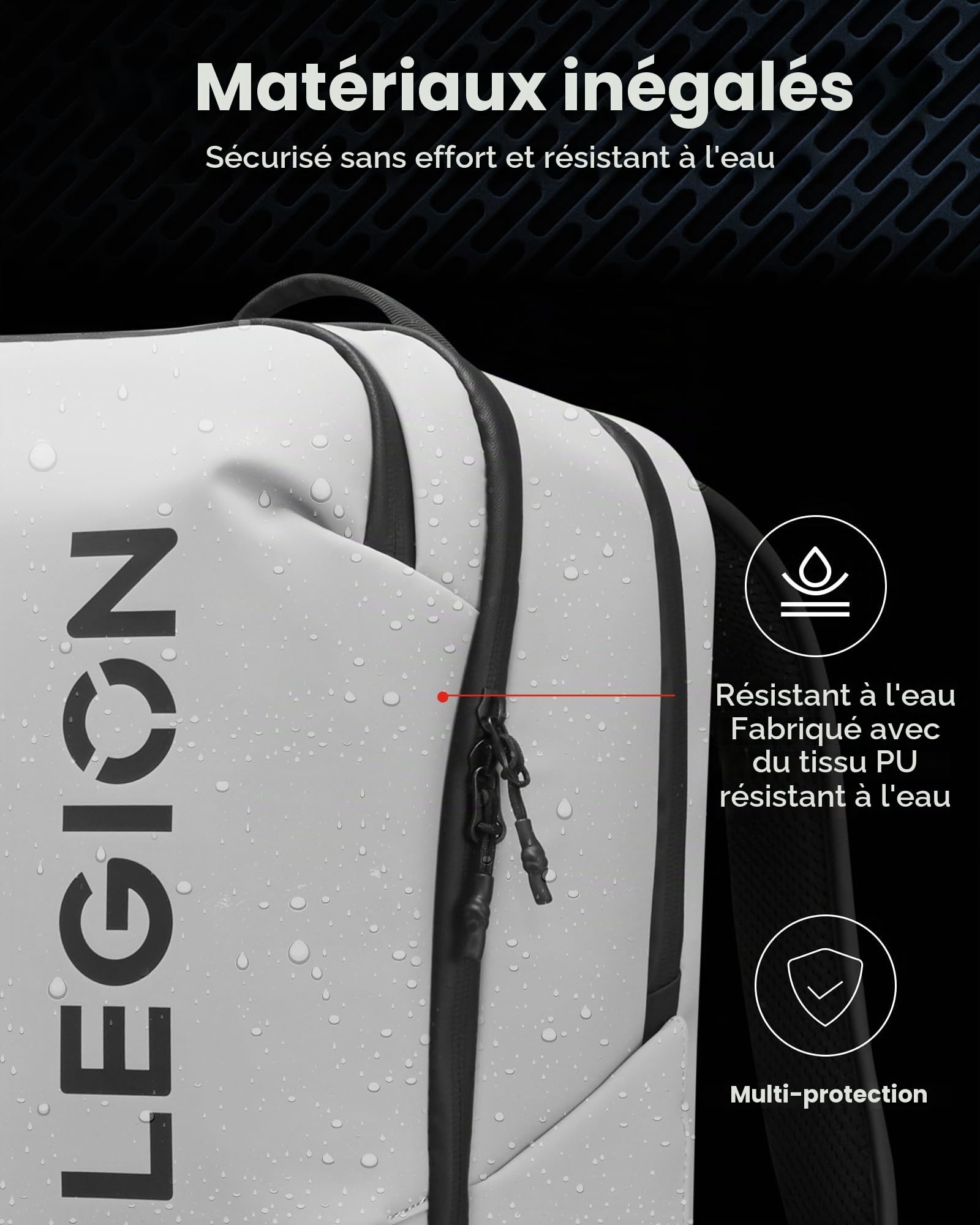 Lenovo - Sac à dos Gaming Legion 17" GB800 (étanche, capacité jusqu'à 21 litres, ouverture à 180°, poches pour ordinateur, tablette, bouteilles d'eau, sangles ergonomiques) - Couleur gris clair