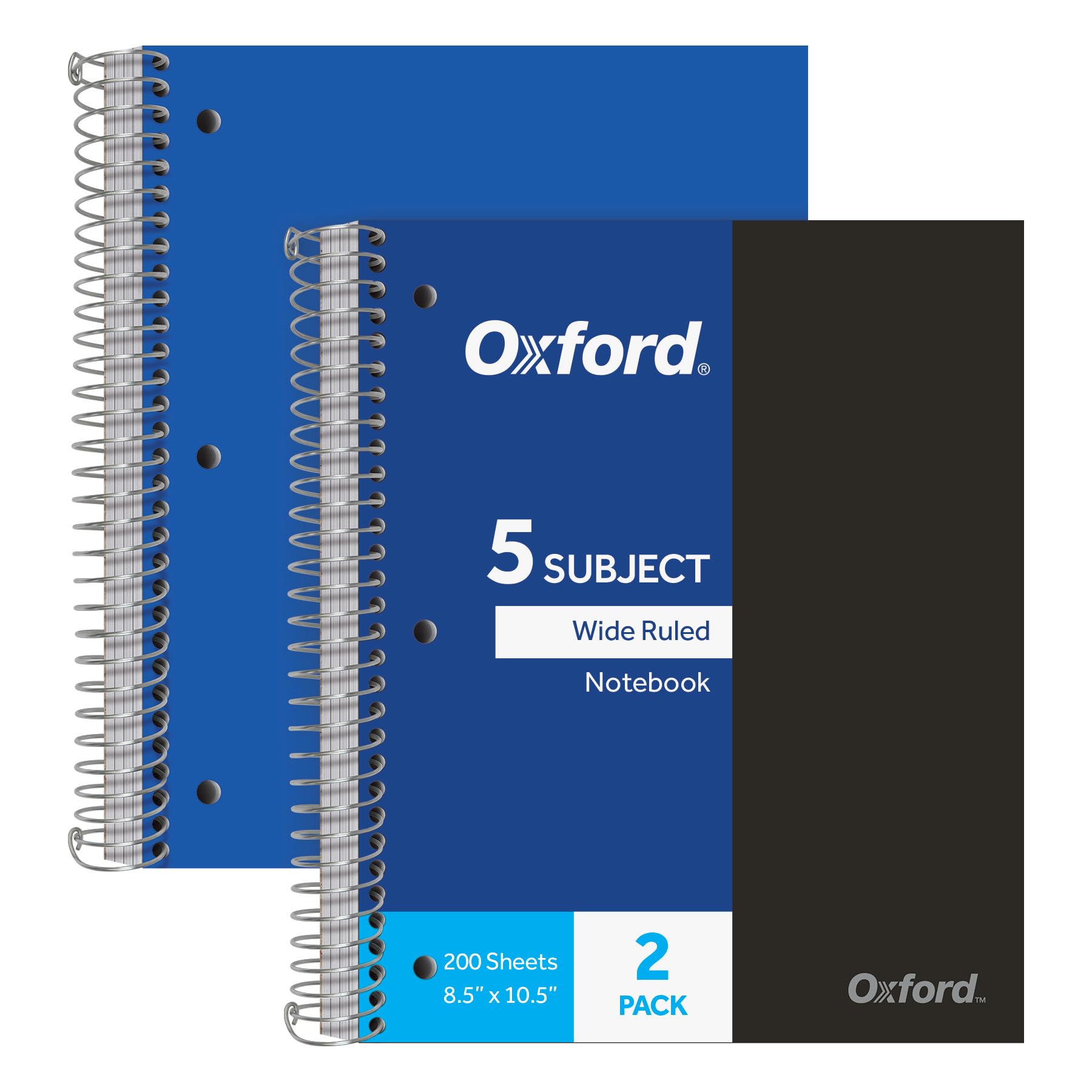 Oxford Spiral Notebooks, 5-Subject, Wide Ruled Paper, Durable Plastic Cover, 200 Sheets, 5 Divider Pockets, 2 Per Pack (10387), Assorted 0.6