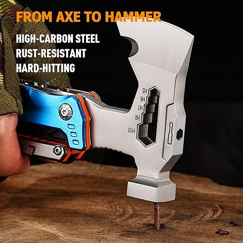 Miniatura 7 de Hacha de camping multiherramienta 17 en 1, plegable para acampar esenciales, equipo de supervivencia con cuchillo, llave ajustable, martillo,