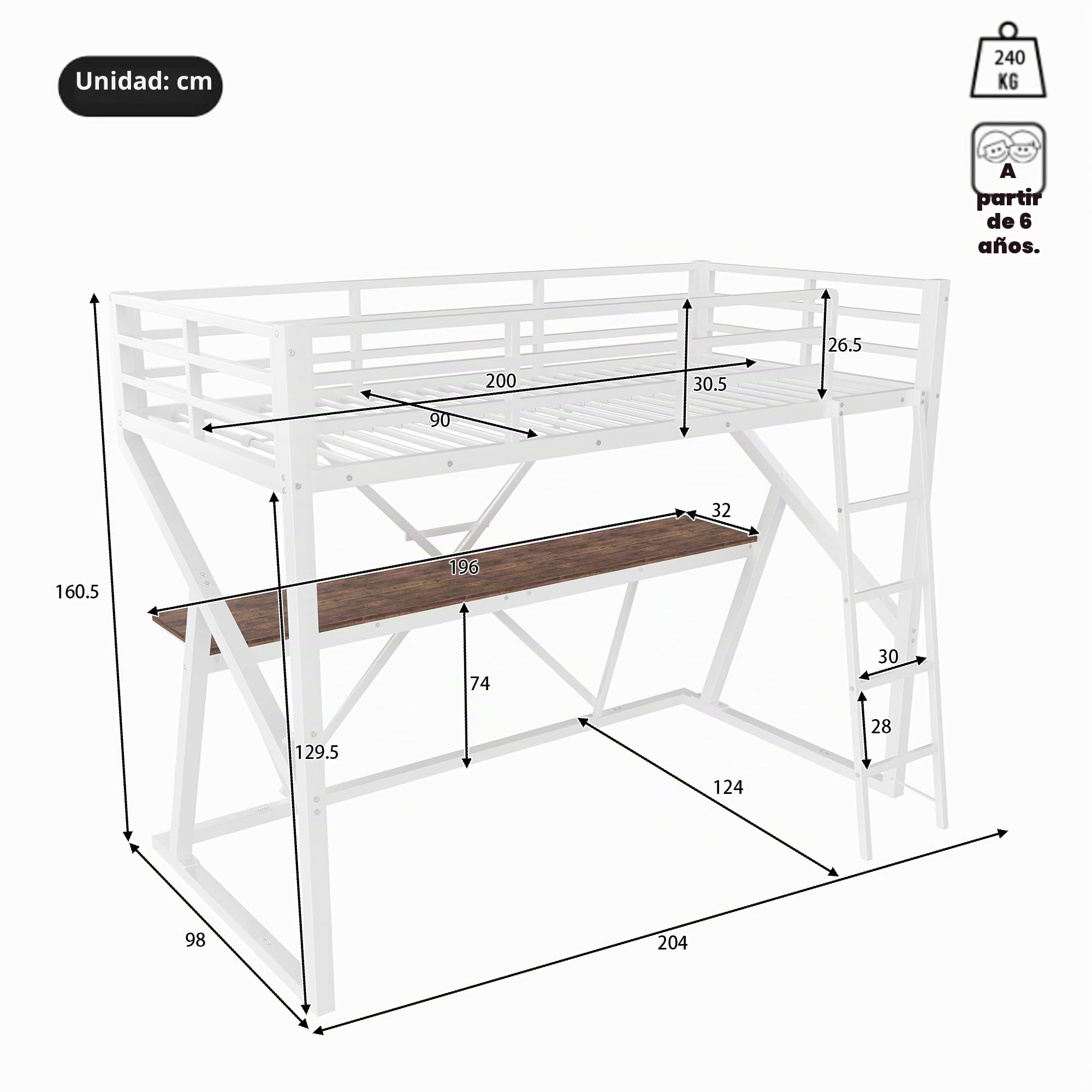 Cama alta de metal 90 x 200 cm, con luces LED, para niños, adolescentes y adultos, litera de metal con escritorio y escalera anticaídas, sin colchón (blanco)