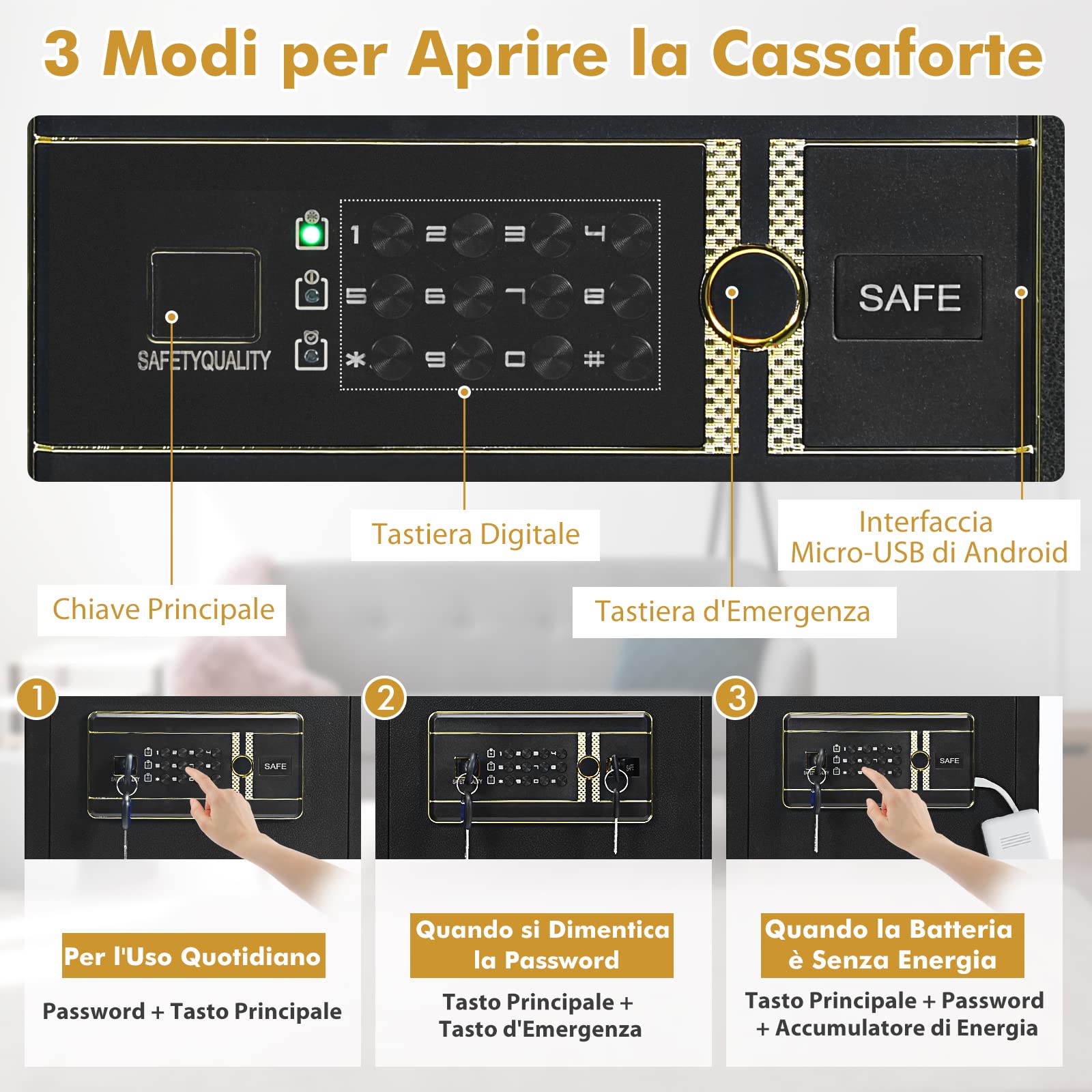 COSTWAY Cassaforte Elettronica, Cassetta di Sicurezza con Tastierino Numerico Digitale, con 2 Chiavi, 2 Chiavi di Emergenza, Ripiano Rimovibile e Sistema di Allarme, 36x31x41 cm