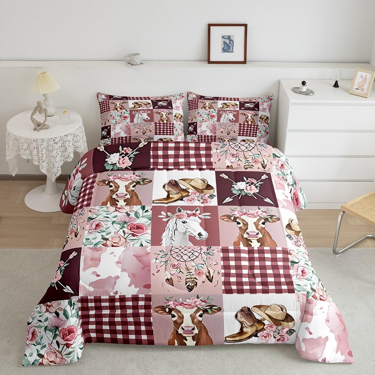 Wild Horse Comforter 3D Abstract Outdoor Animal Nature View Quilted Duvet for Men Women Adults Colorful Wood Stripes Rustic Style Bedding Set with 2 Pillowcases+1 Comforter King Size 3 Pcs