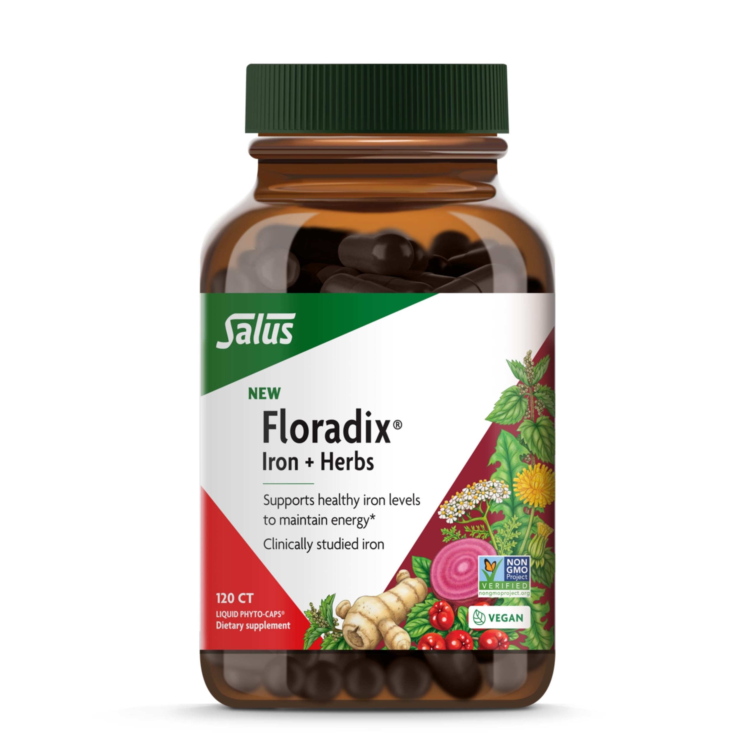 FloradixIron + Herbs - Iron Supplement for Healthy Energy Support* - Vegan, Non-GMO, Gluten-Free, Soy-Free - 120 Liquid Phyto-Caps