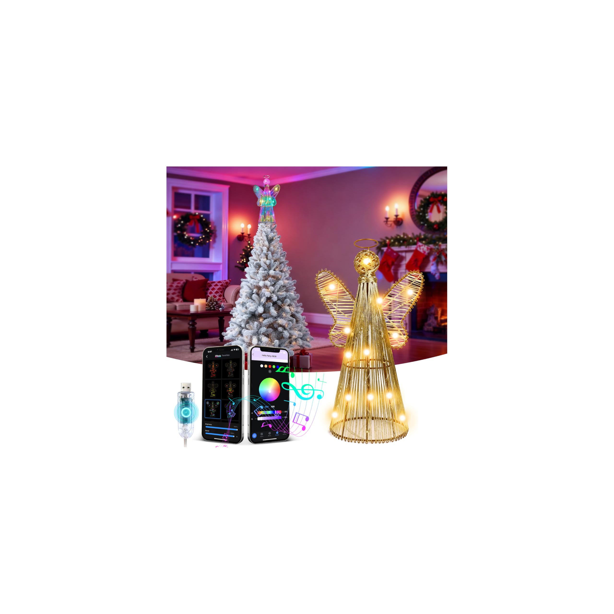 LED Engel Baumspitze mit goldenem Drahtrahmen Design, Farbwechselnde Lichter, ideal für Weihnachtsbaumschmuck