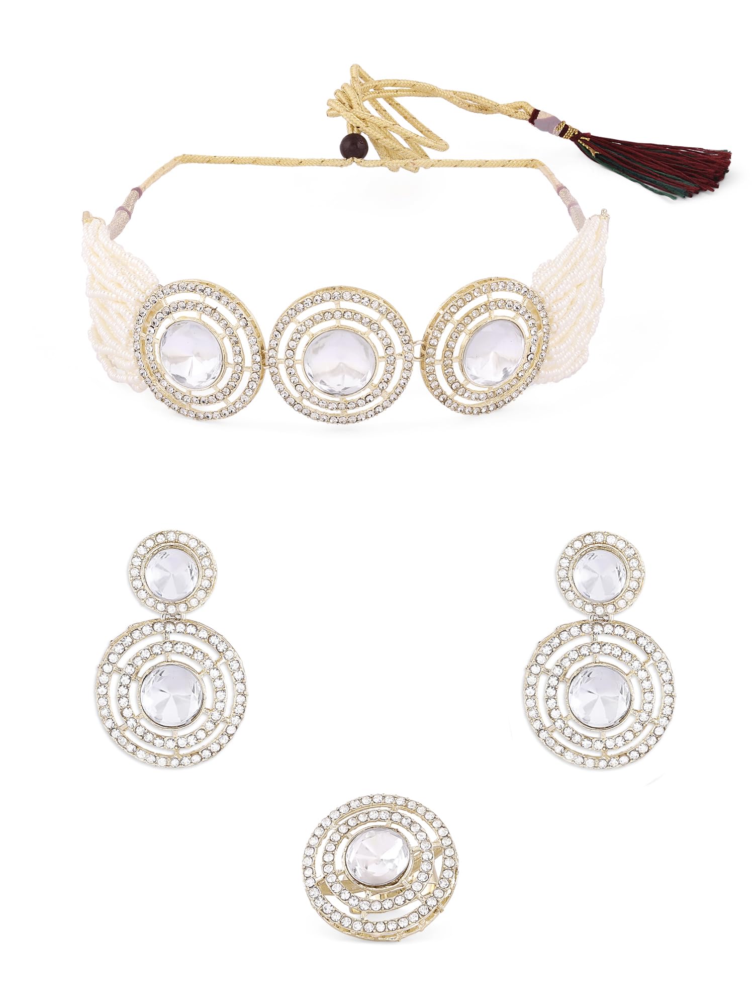 ZAVERI PEARLS Gold Tone Multistrand Austrian Diamonds Stones & Beads Choker Necklace Earring & Ring Set For Women-ZPFK16577 (B0CKJ129V3) Amazon Price History, Amazon Price Tracker