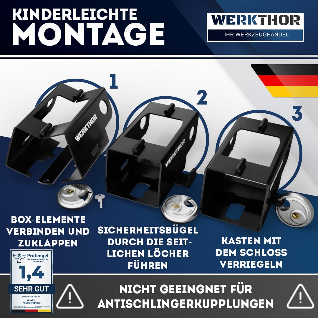 WERKTHOR Anhängerschloss - Test SEHR GUT Kastenschloss Anhänger - Anhänger Diebstahlschutz Angekoppelte & Abgekoppelte -Edelstahl Anhänger Schloss - Schloss für Anhänger - Schlüsselschloss