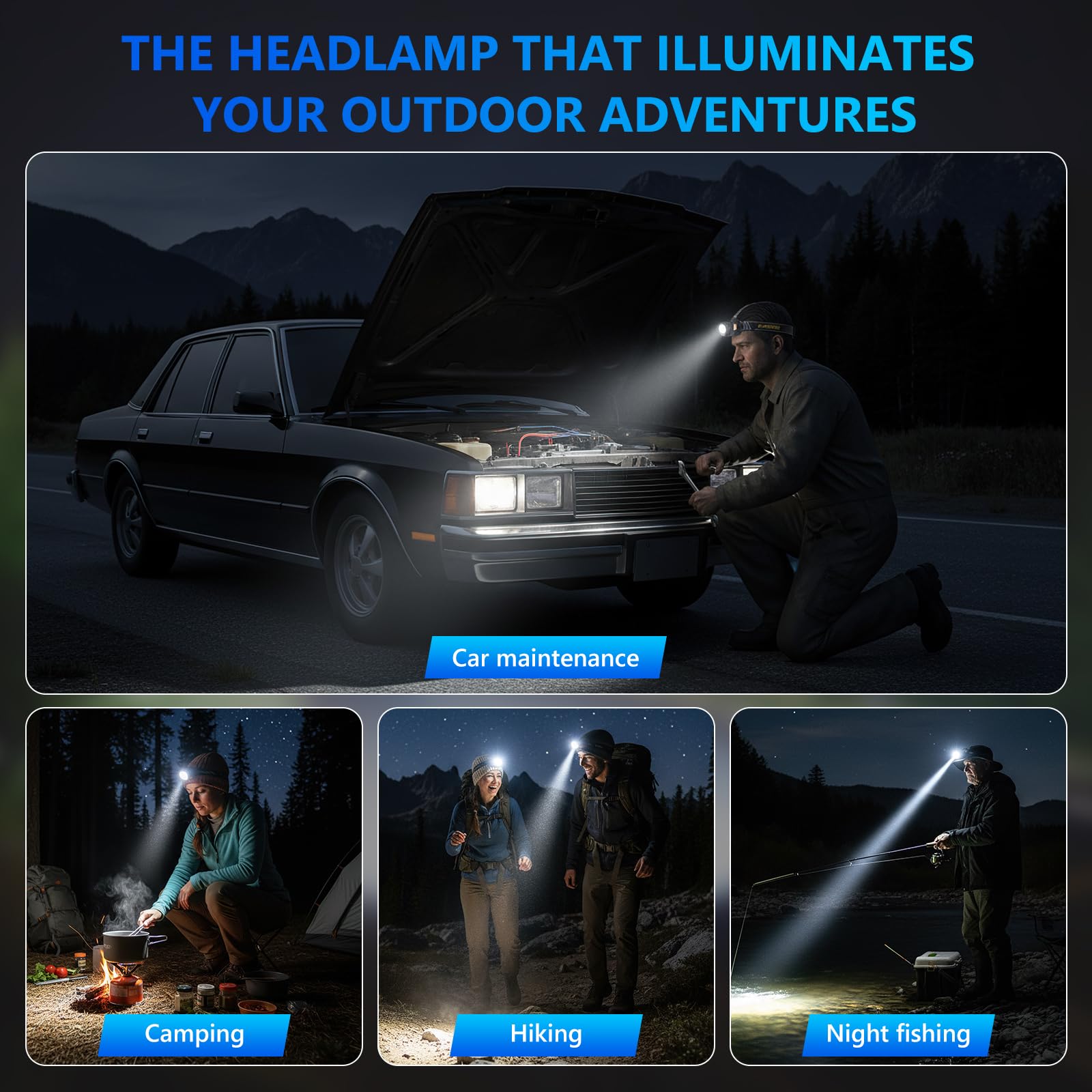 Rechargeable LED Headlamp with Red Front Torch Warning and Sensor,120000 Lumen Lampada Frontale con12 Modalità e IPX7 9000mAh Regolabile a 90°, Testa Zoomabile per Campeggio Pesca