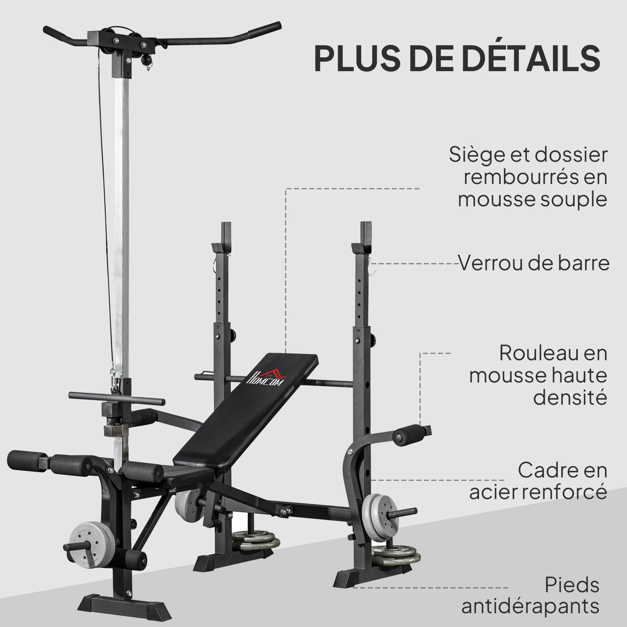 HOMCOM Banc de musculation complet multifonction avec dossier réglable, système de poulie, support pour haltères, écarté pectoraux, banc developper coucher à plat ou incliné entraînement fitness