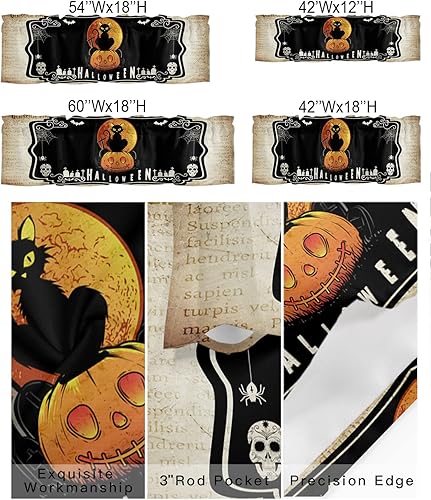 Miniatura 2 de Cortina de cenefas para cocina, cafetería, Halloween, espeluznante gato negro con calabaza, fantasma, cenefa de ventana, cortinas cortas de 54 x 18