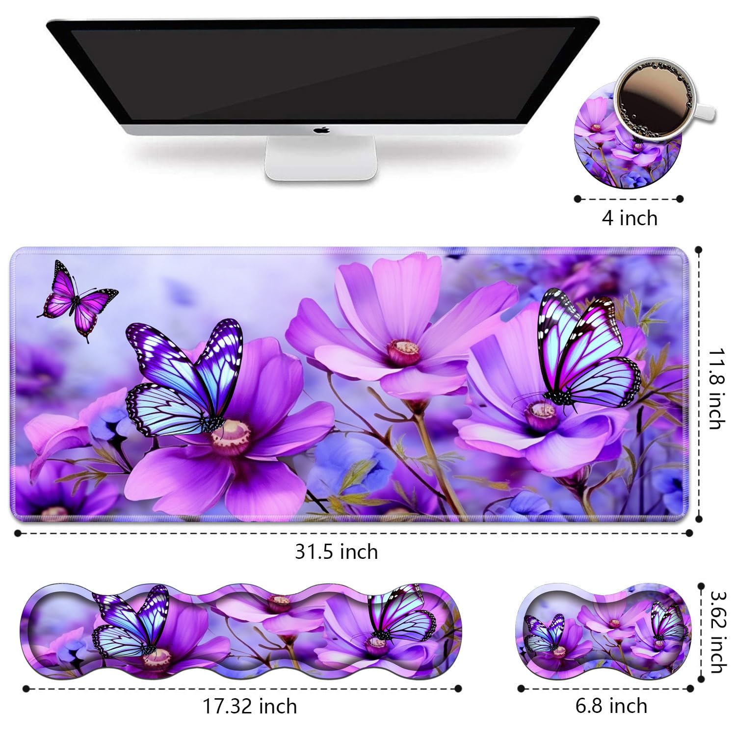 Juego de reposamuñecas ergonómico para teclado y alfombrilla para mouse, alfombrilla grande XXL para escritorio para juegos de 31.5 x 11.8 pulgadas, base antideslizante, espuma viscoelástica, alivio