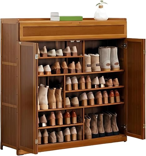 WRFTUMT Armario de almacenamiento de zapatos de bambú con puerta abatible, 7 niveles independientes para zapatos, tacones, zapatos de tenis, estante