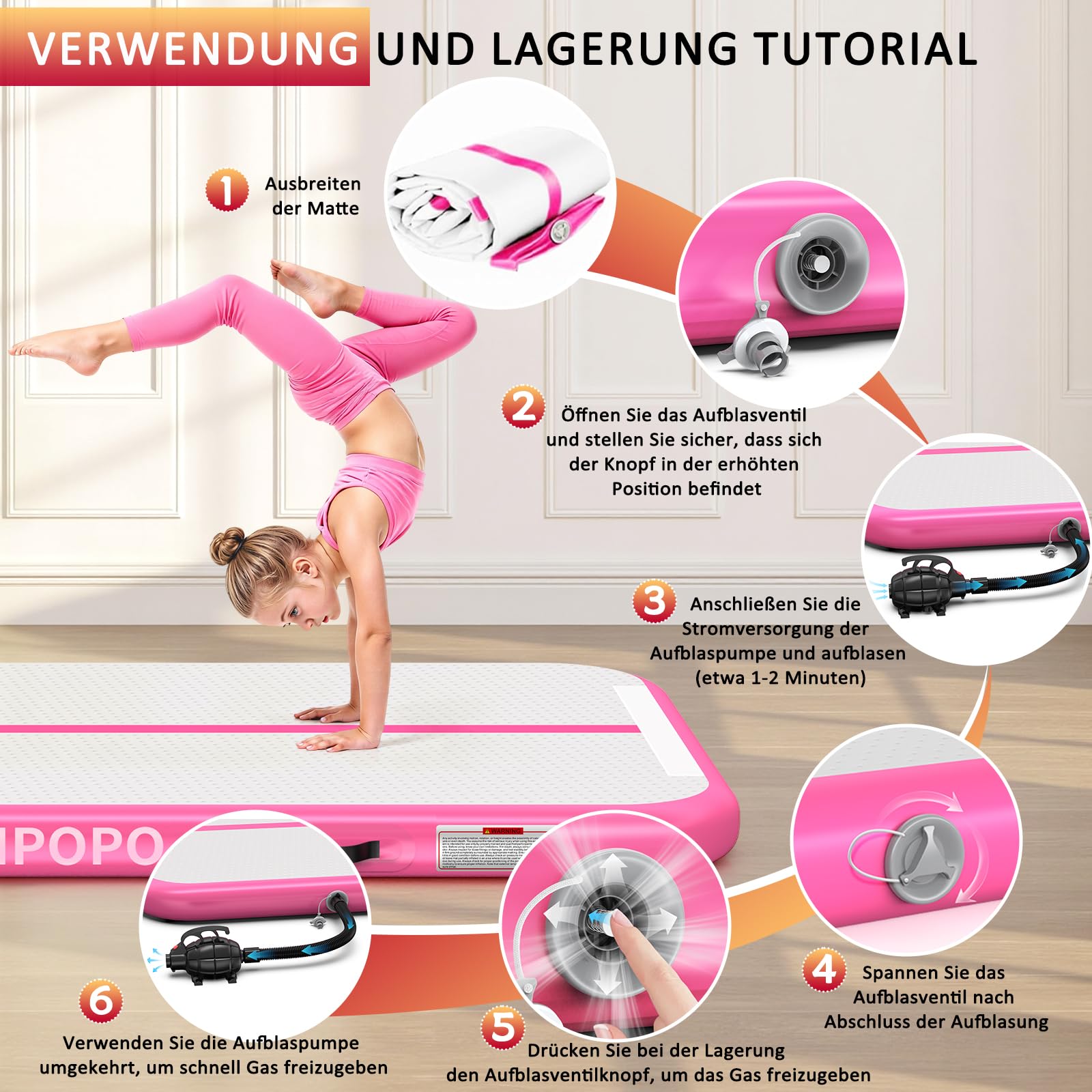 Airtrack Gymnastikmatte – Aufblasbare Turnmatte 2M/3M/4M/5M in Pink, Luftdicht, Weich Aber Stabil, Einfach Aufzubauen & zu Verstauen – Für Kinder, Zuhause, Yoga, Cheerleading & Wasserspaß