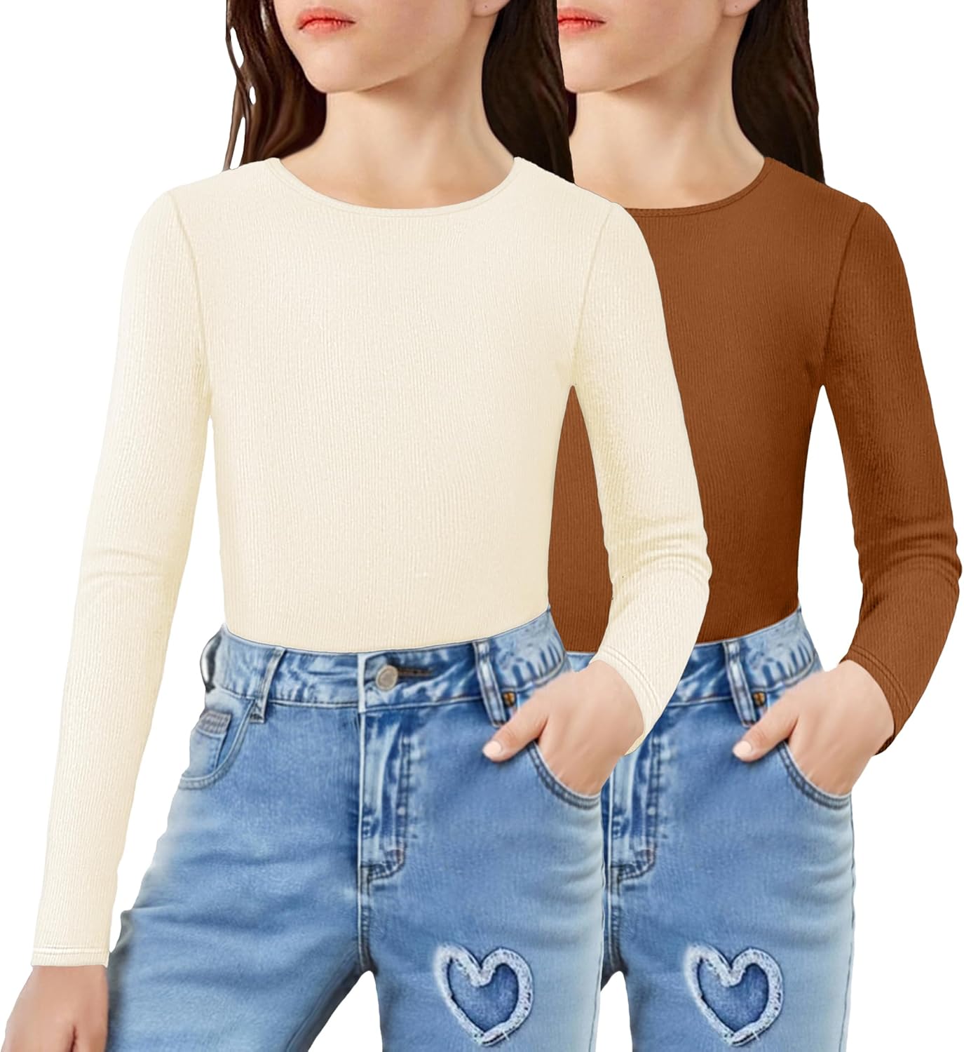 Arshiner 2 Packs Ribbed Knit Long Sleeve Shirts for Girls Soft Slim Fit Crewneck Casual Base Layer Tops Tees