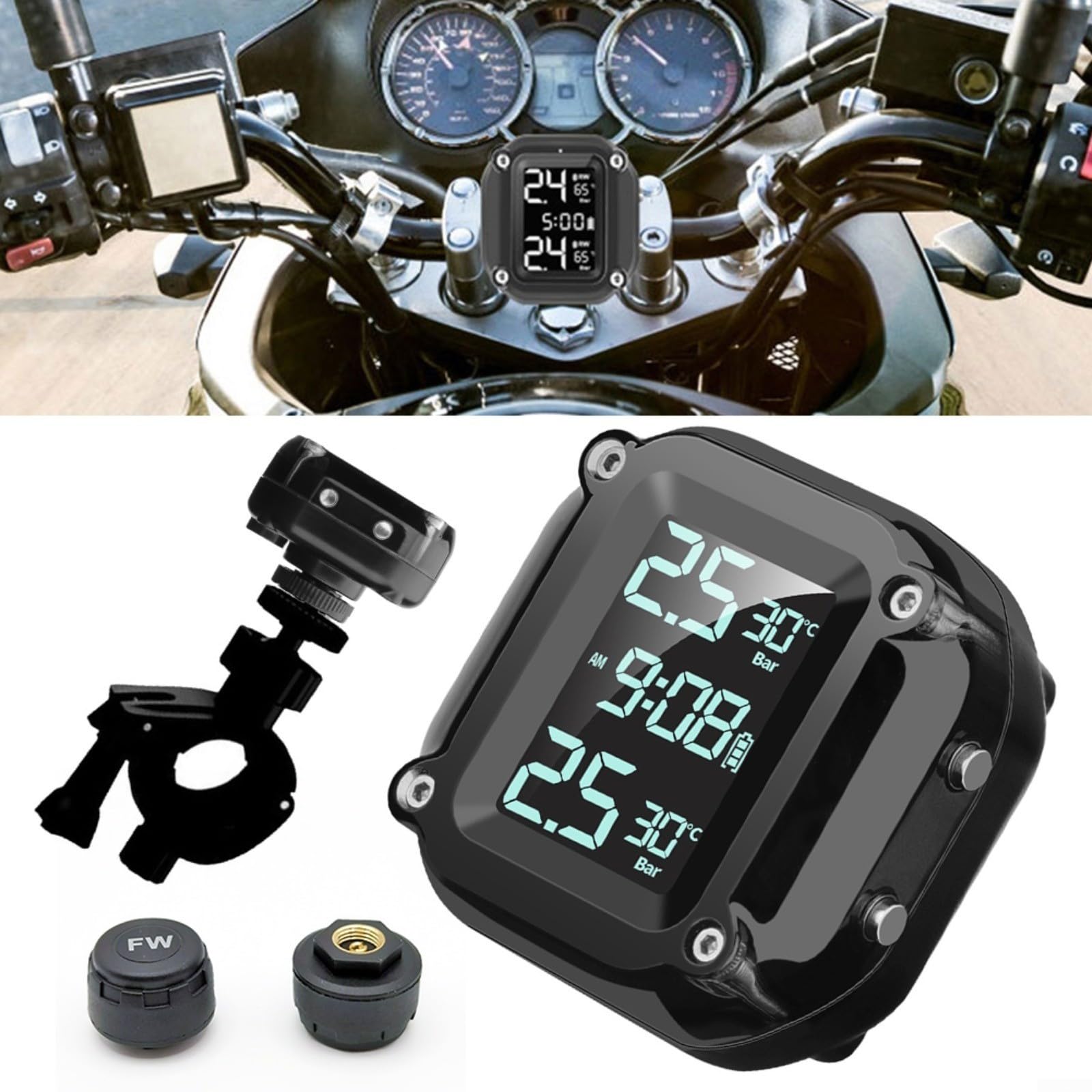 FUBESK Monitoraggio della pressione dei pneumatici, TPMS wireless per moto, monitoraggio in tempo reale, monitor della pressione dei pneumatici, con display LCD e 2 sensori esterni