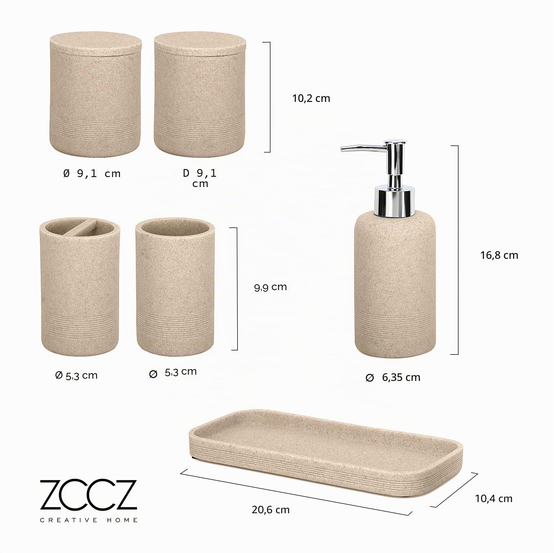 Juego de 6 Accesorios de baño Beige con Dispensador de jabón y Organizador Decorativo para encimera