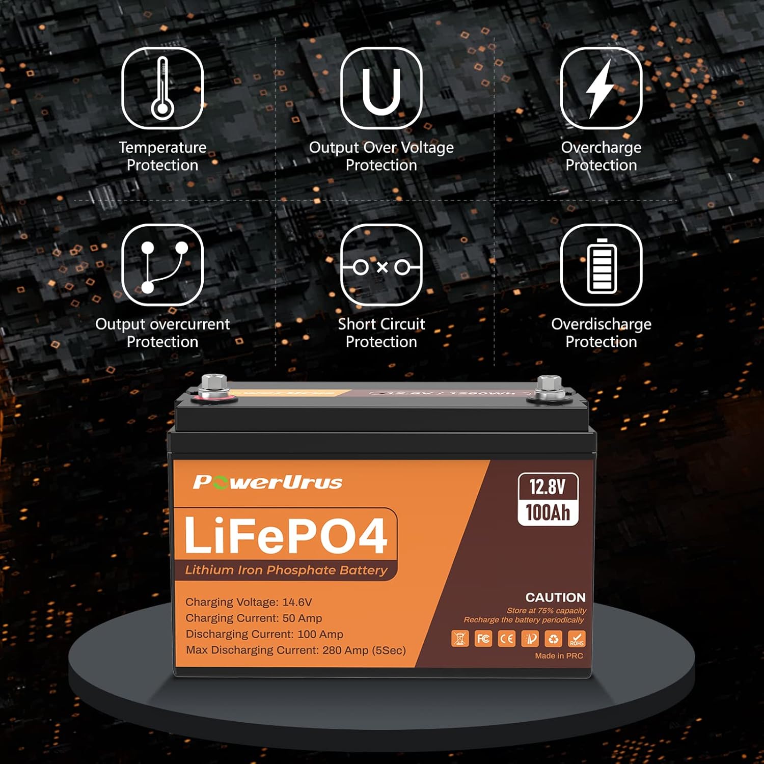 PowerUrus LiFePO4 Battery with icons representing various BMS protections