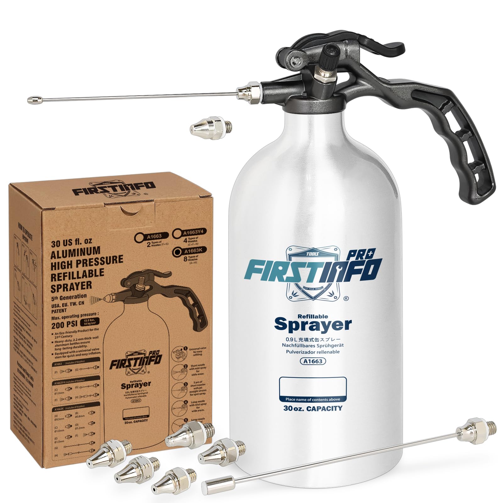 FIRSTINFO Kit de Vaporisateur Rechargeable pour Nettoyant Freins, Réservoir en Aluminium Non Aérosol 900 ML pour Solvants et Dégraissants, Conception sous Pression avec Kit Multi-Buses, A1663K