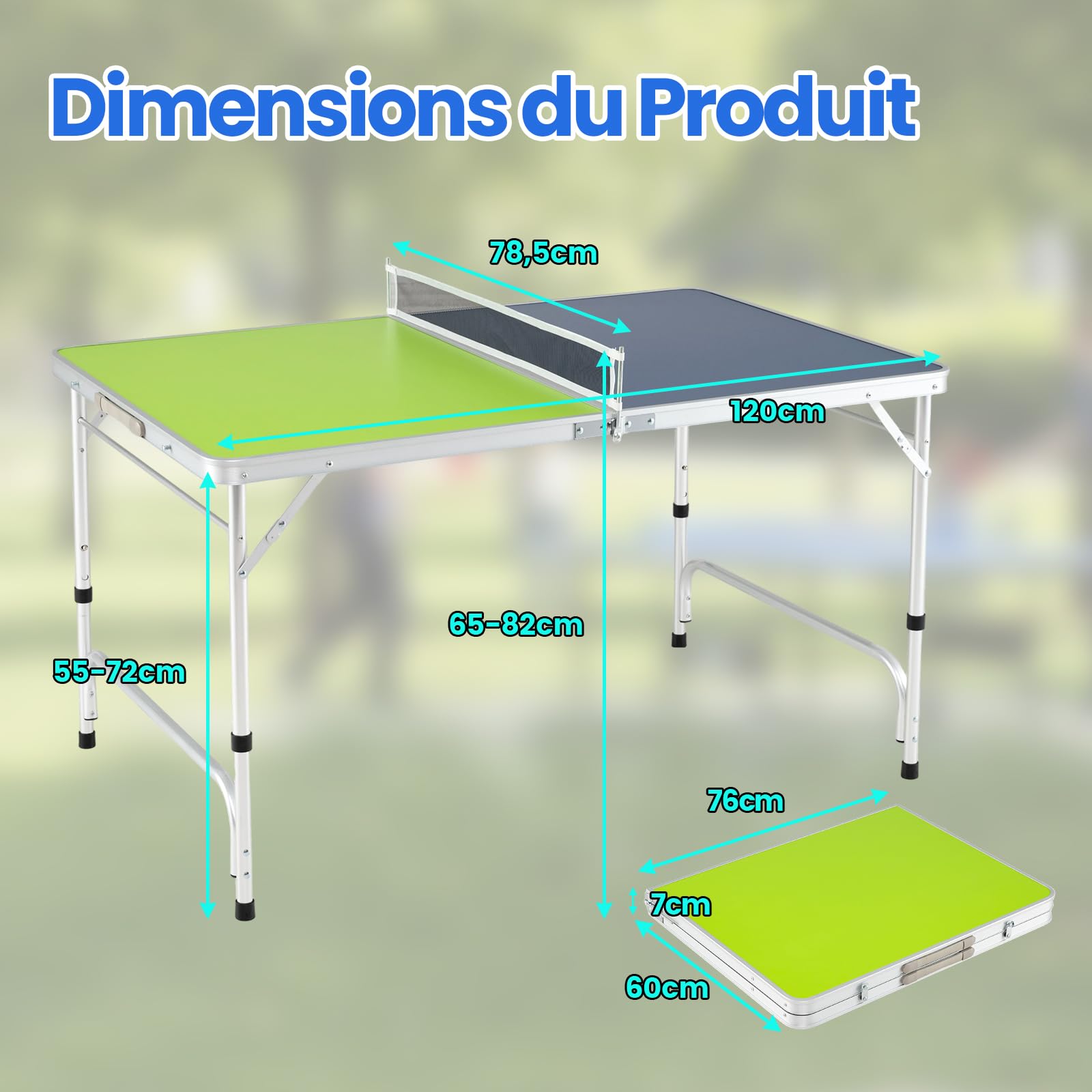 COSTWAY Table de Ping-Pong Pliable 120 x 76 cm, Set Mini Tennis Table Peu Encombrante avec Filet 2 Raquettes 2 Balles Hauteur Réglable 3 Niveaux, Cadre en Aluminium, pour Extérieur Intérieur
