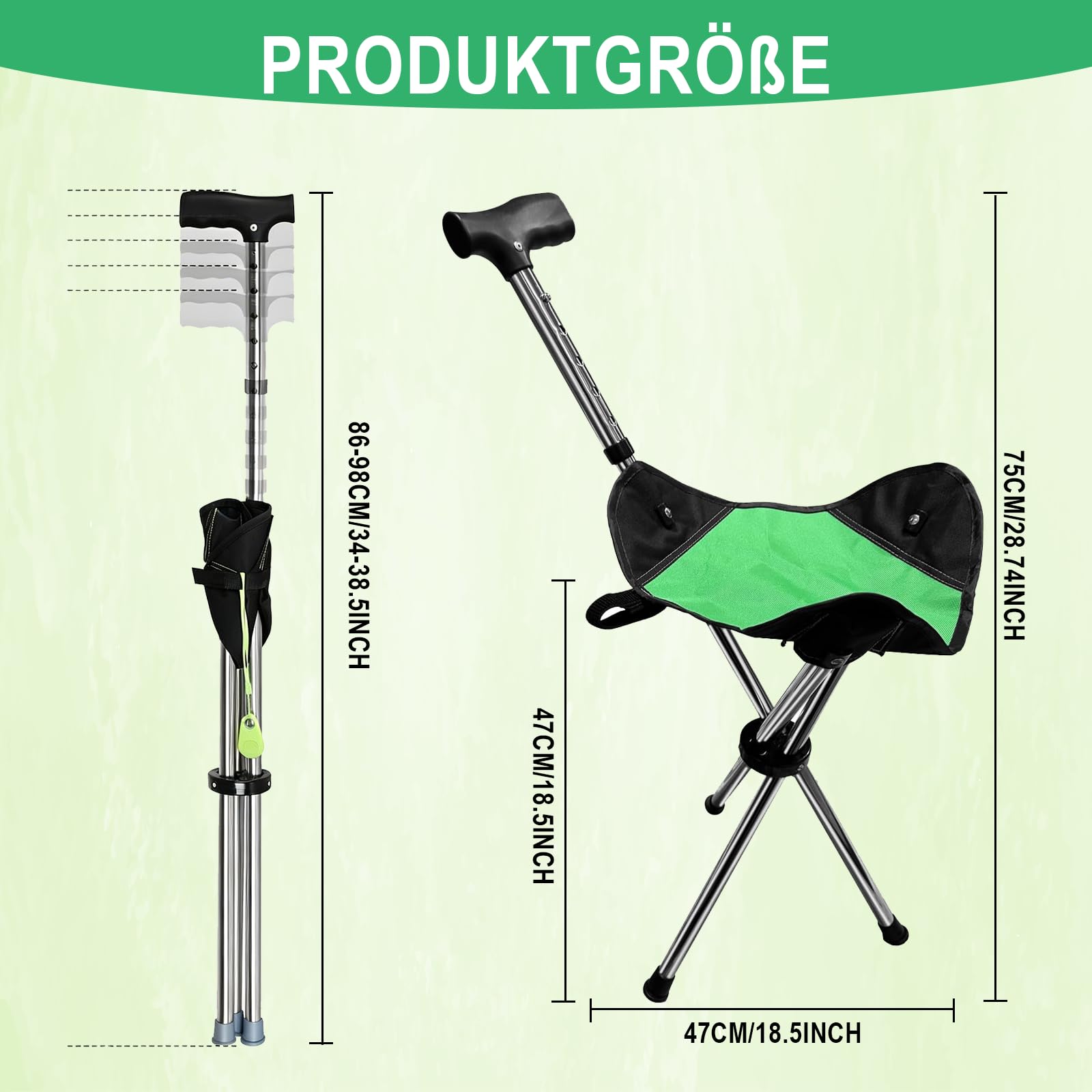 86-98 cm Gehstock mit Sitz Klappbarer Gehstock mit Verstellbarer Sitzstock