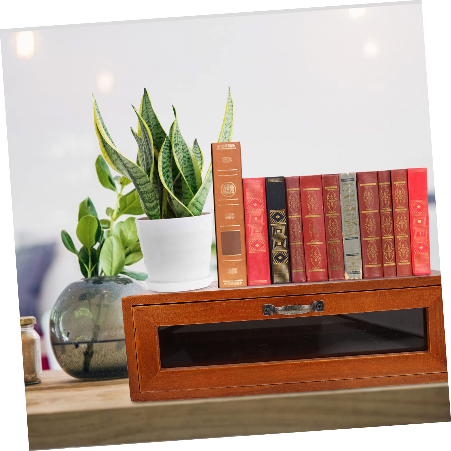 Supporto per Monitor retrò in Legno e Ferro Cassetto | Organizzatore da Scrivania per Ufficio, per Articoli di Cancelleria e Cosmetici, Stile Semplice Elegante