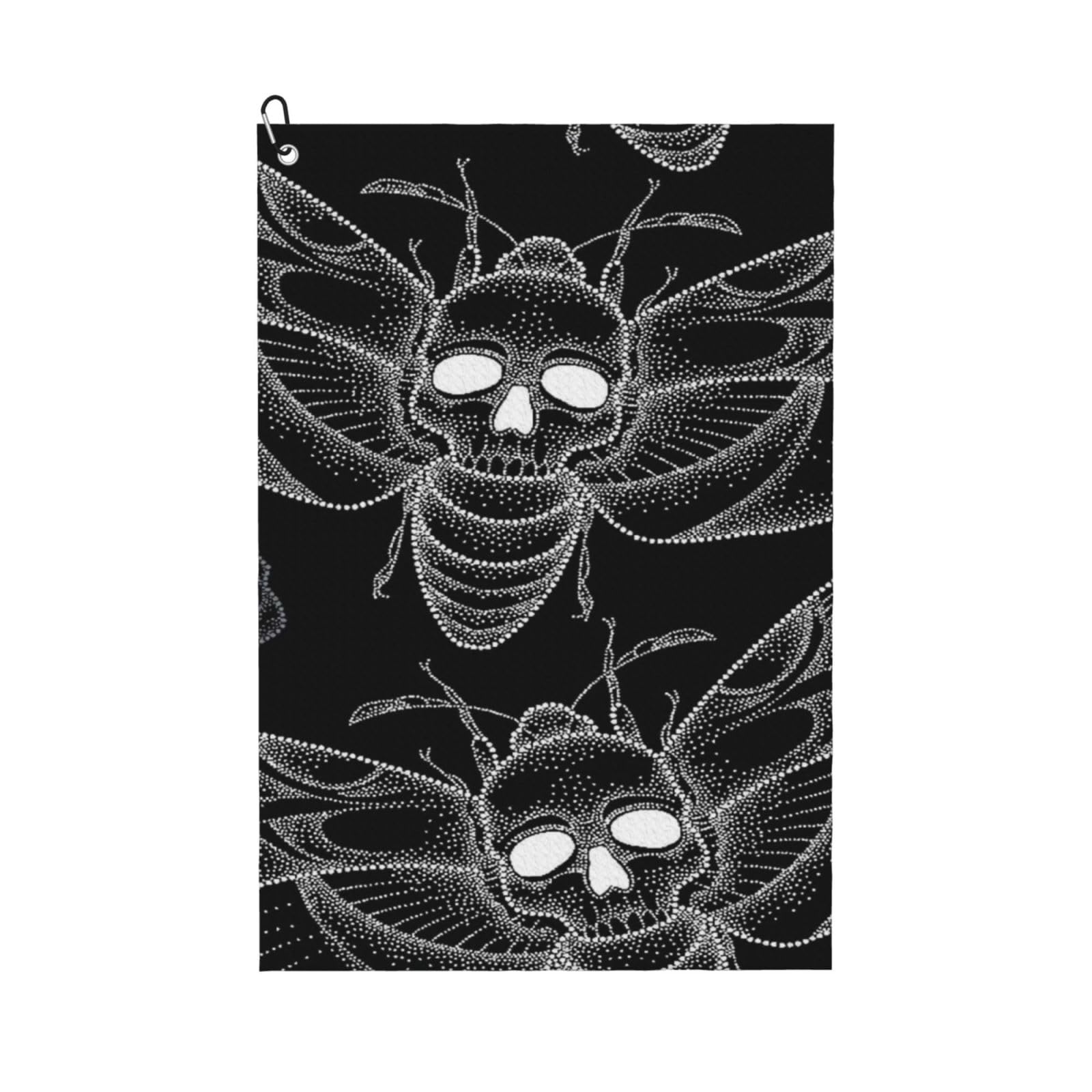 Oudrspo Death's Head Hawk Moth Or Acherontia Atropos in White and Skulls Microfiber Golf Towel with Carabiner Clip, 16x24 Inch Absorbent Waffle Weave Towel for Golf Bags