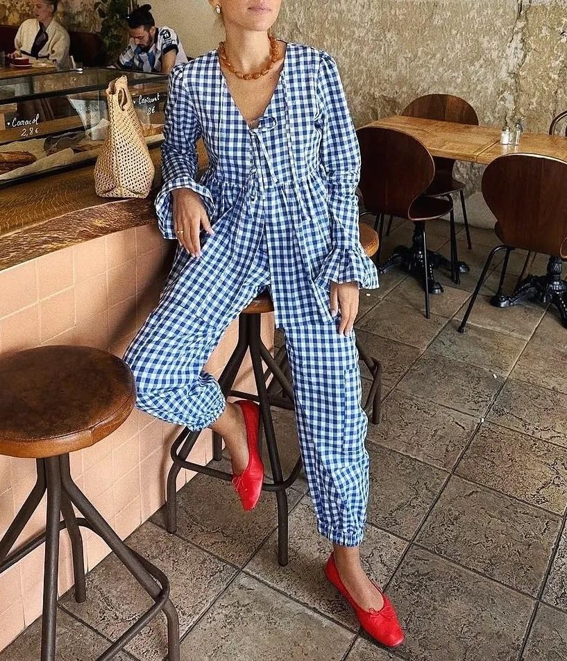 Image of Argeousgor Women Plaid 2 Piece Pajama Set Button Down Puff Sleeve Babydoll Shirt Gingham Pants Pj Lounge Set Sleepwear