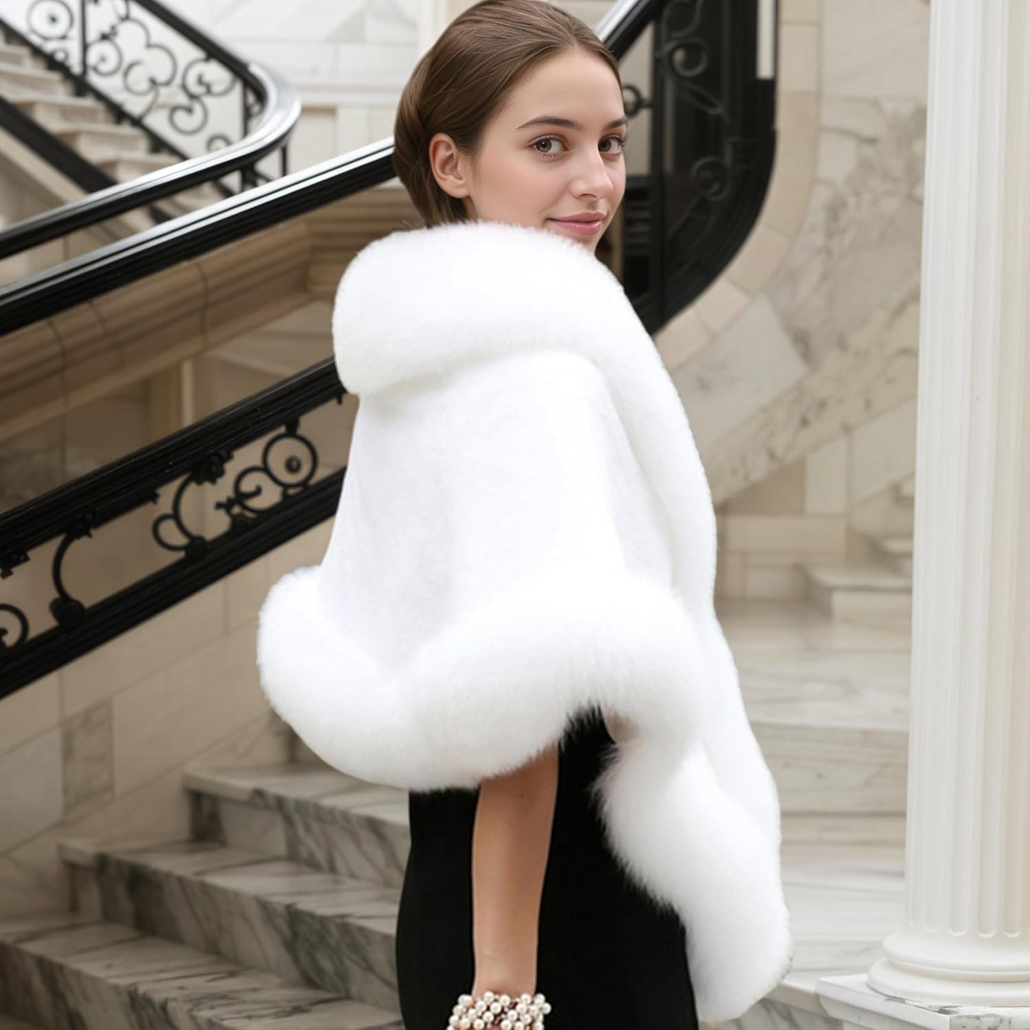 Old Dlrd Women's Winter Faux Fur Coat Wedding Bride Cloak Cape Shawl for Evening Party