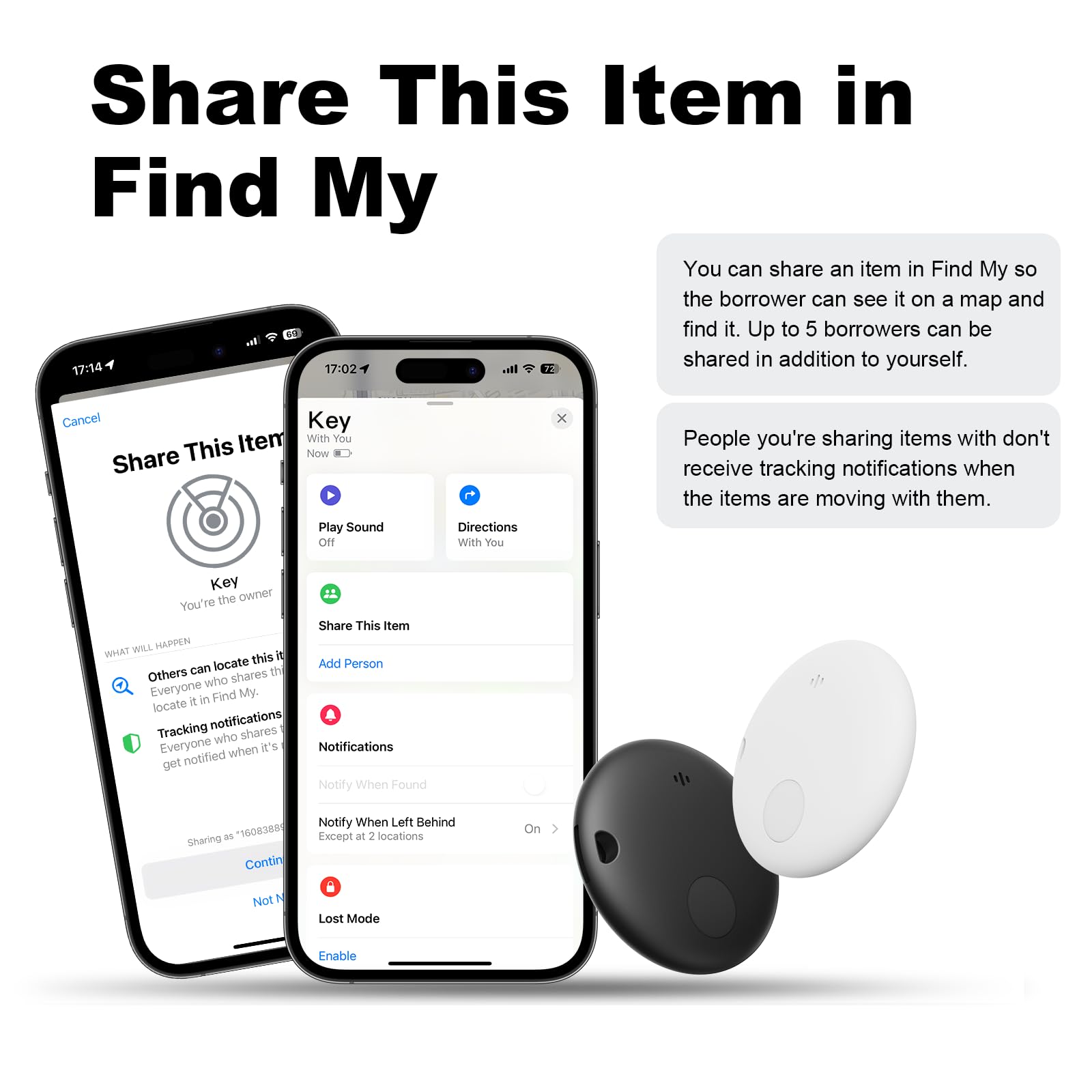 Lot de 2 étiquettes intelligentes IP66 jusqu'à 90 dB, fonctionne avec le tracker Bluetooth Apple Find My (iOS uniquement) pour clés, sacs, animaux domestiques
