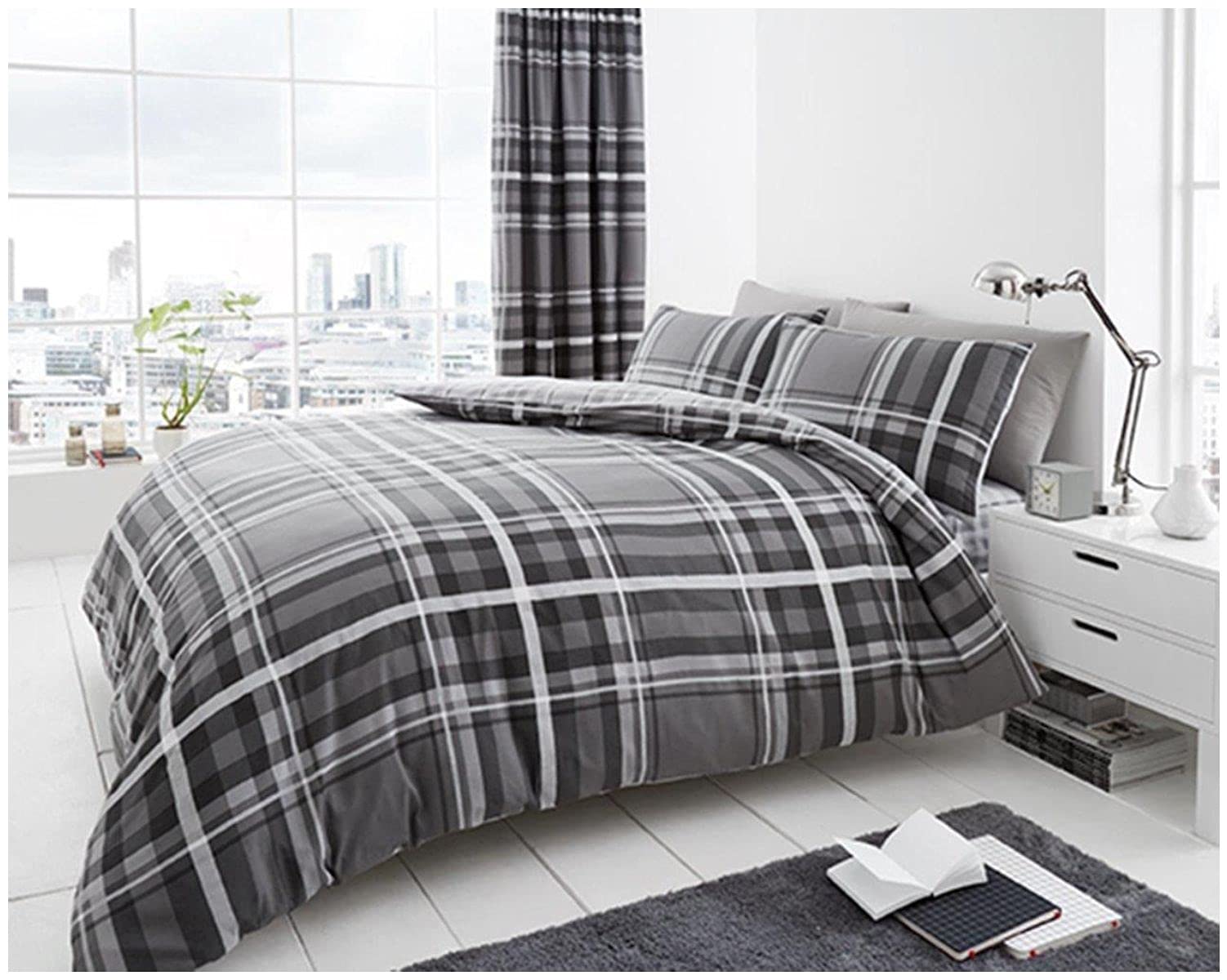 Gc Gaveno Cavailia Newton Tartan-Grey Luxury Checkered Duvet Cover, Reversible Geometric Bedding, Tartan Check Quilt, Single Bed Set, Grey