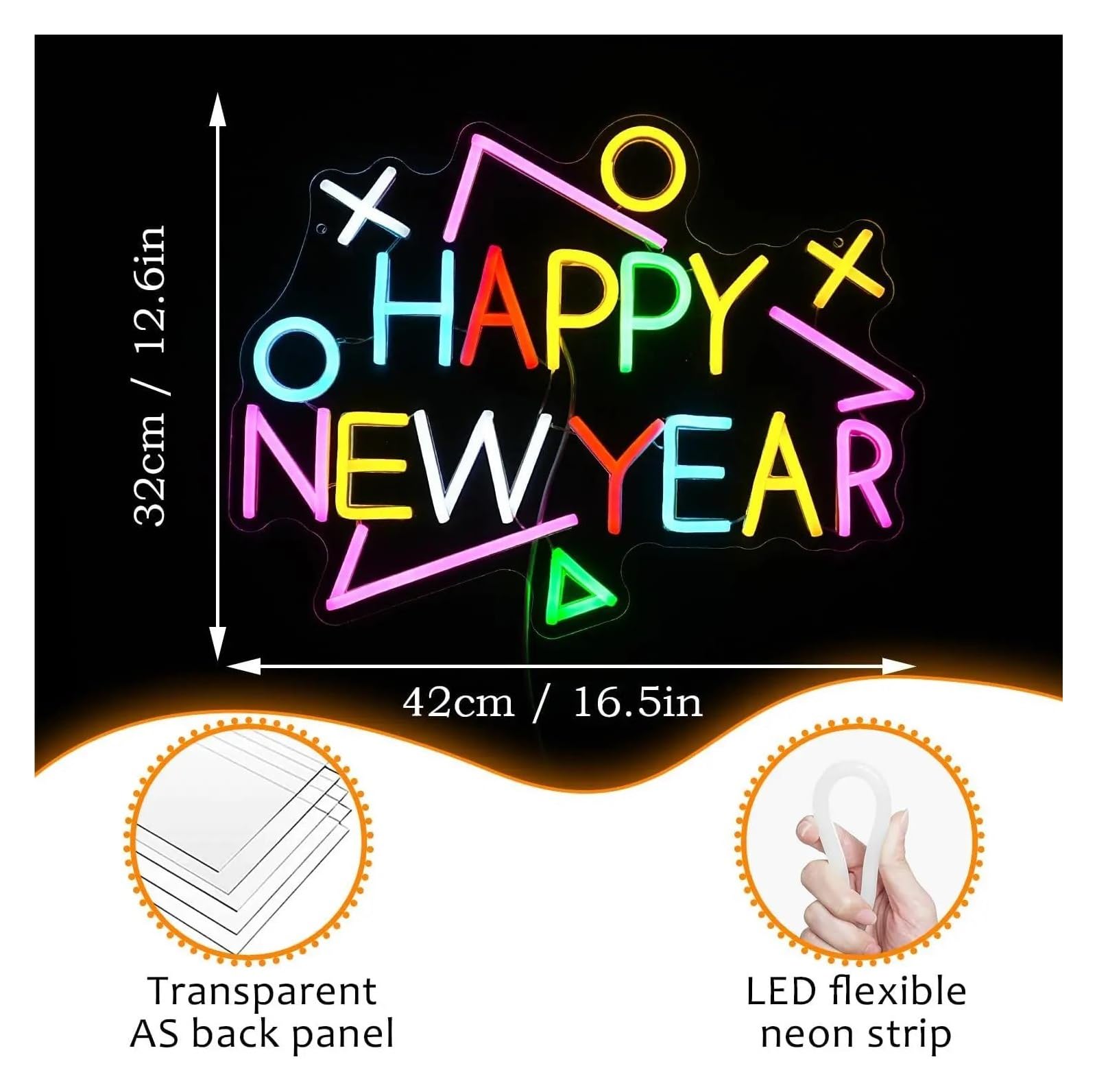 Wiszące neony artystyczne Wielokolorowy Neonowy Znak "Happy New Year" USB, Ściemnialna Dekoracja Ścienna LED Do Sklepu, Domu, Imprezy,42x32cm