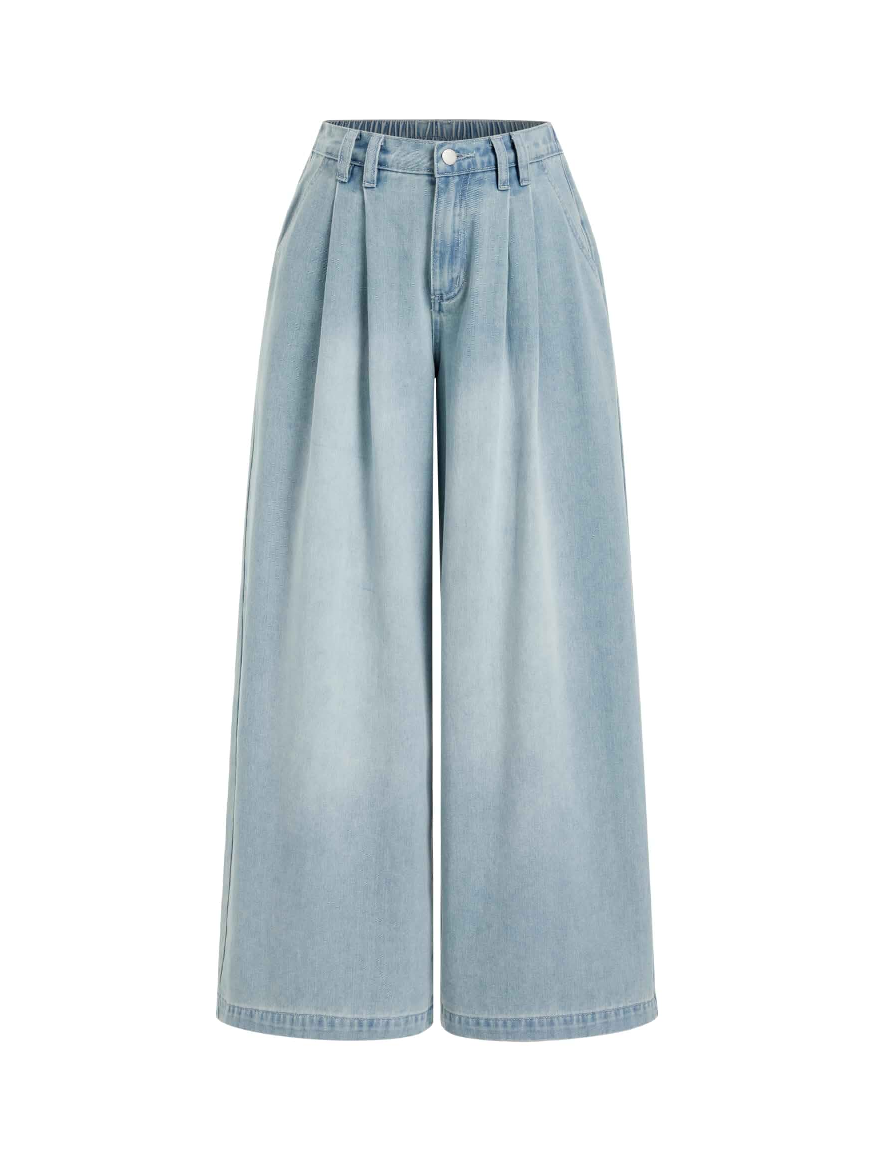 CIDER Mid Rise Wide Leg Jeans for Women Pleated Denim Pants Front Pleats, Elastic Back Waist, Light Wash, Relaxed Fit, Baggy jeans, Casual Daily Wear