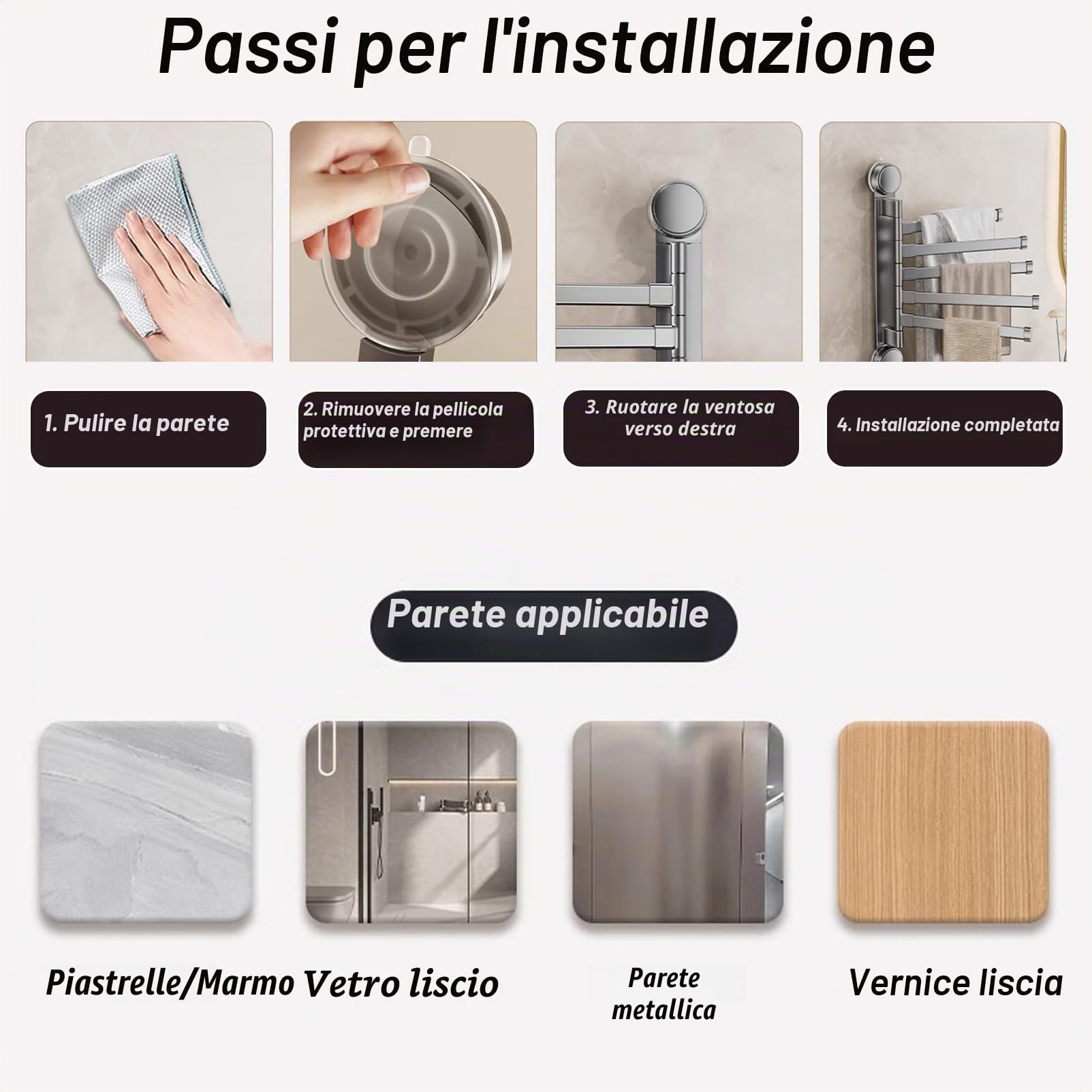 Portasciugamani Girevole in Alluminio,Portasciugamani Ventosa a Parete Porta Asciugamani per Bagno Senza Foratura,Con 2 Braccia Girevoli Porta Salviette,Per Balcone,WC
