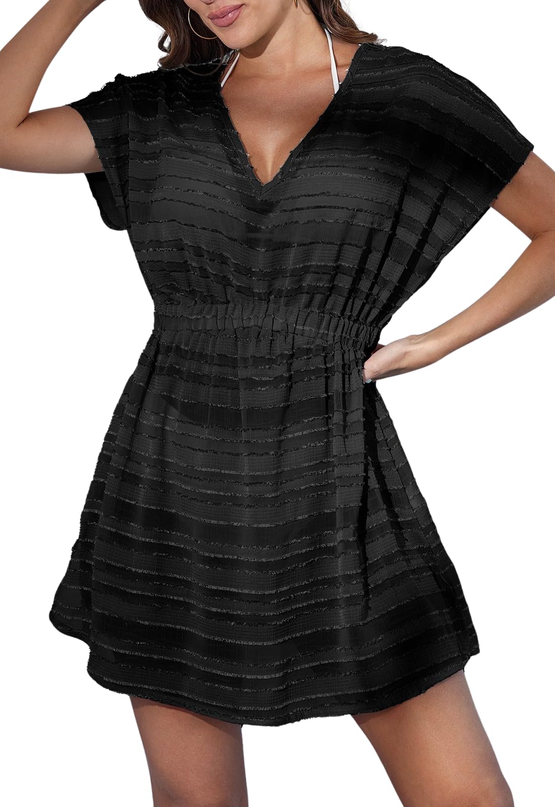 Photo 1 of B2prity Women's Chiffon Swim Cover Up Short Sleeve V Neck Swimwear Coverup Casual Elastic Waist Split Beach Dress Black Large