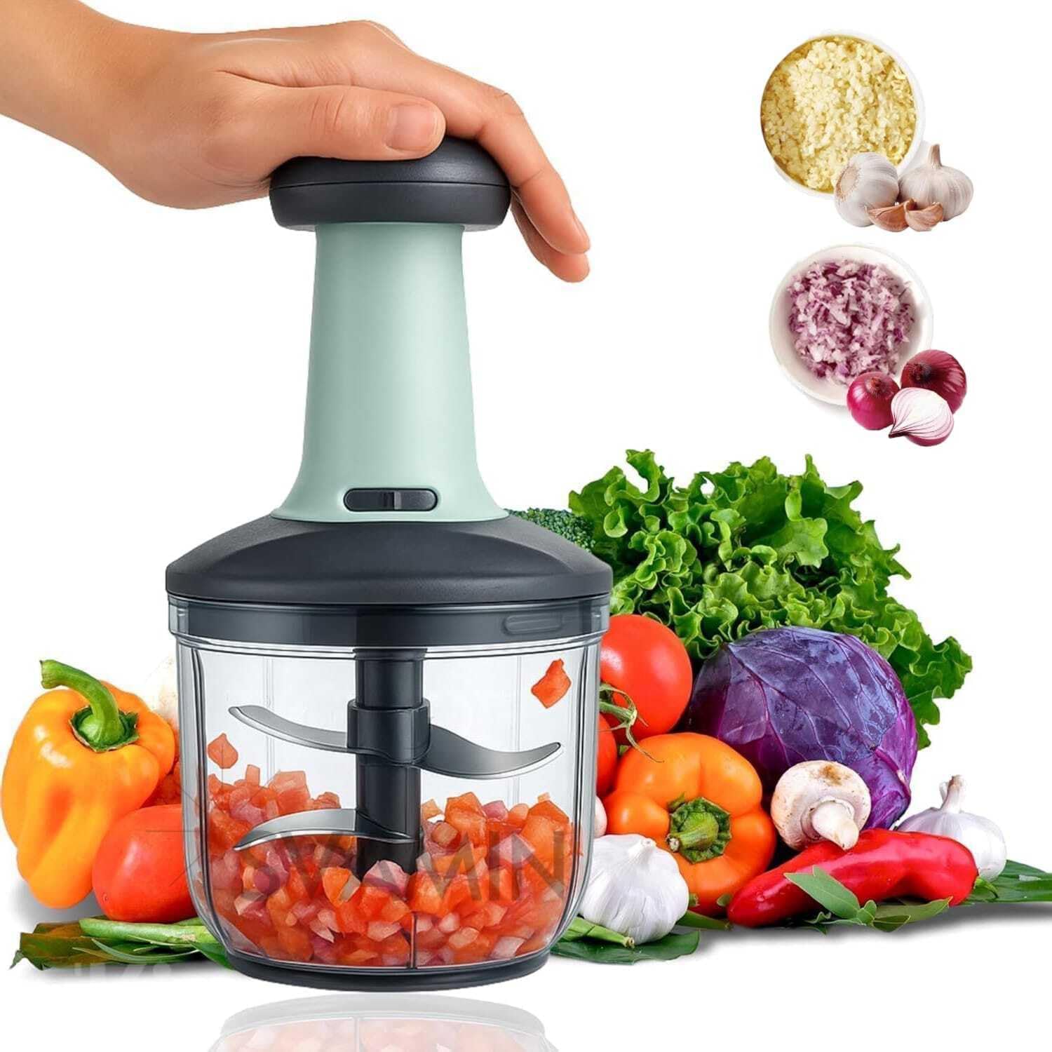 press chopper 1100ml, manual hand press push chopper with 3 blades for effortless chopping vegetables & fruits